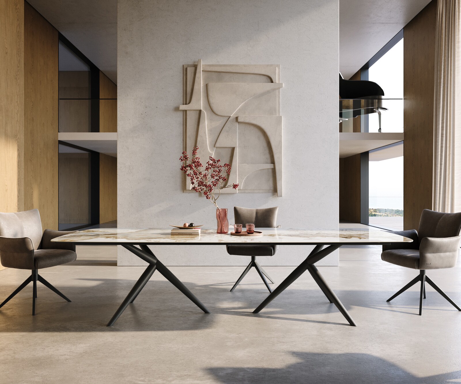 Esstisch Edge Boot 300x120 cm Keramik Minas Melange Weiß-Beige Estelar rund Metall Schwarz 1