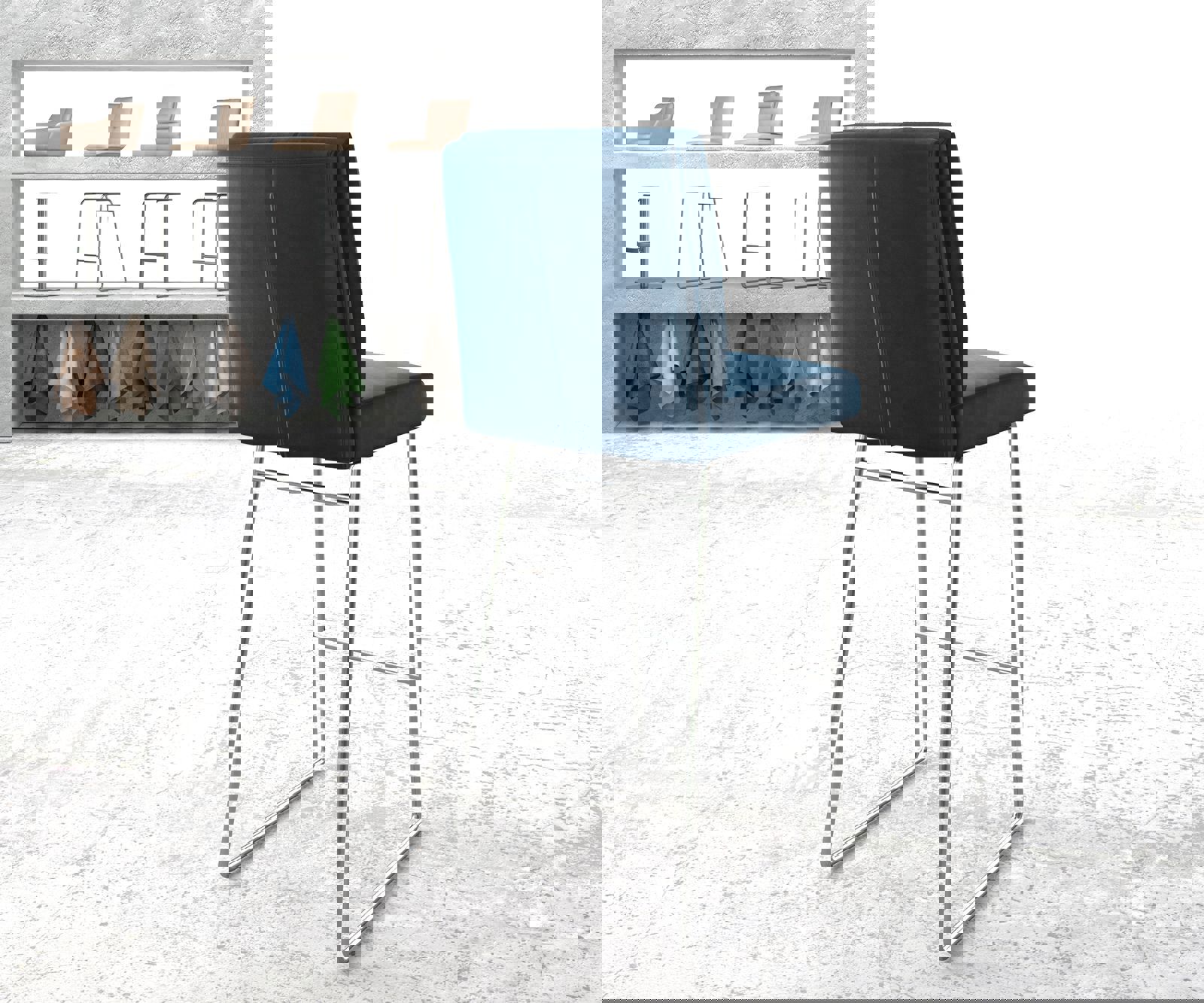 Barstuhl Pela-Flex Samt Blau Kufengestell Edelstahl 2 Barstuhl Pela-Flex Samt Blau Kufengestell Edelstahl 2