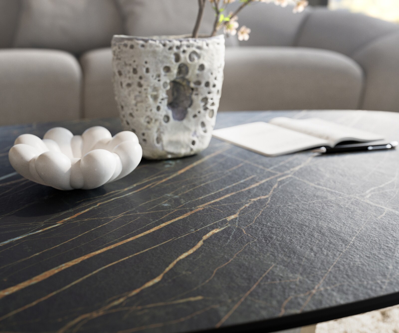 Table basse Edge Organique 140x76 cm céramique Laminam® Noir Desir brun Sarity métal noir 7