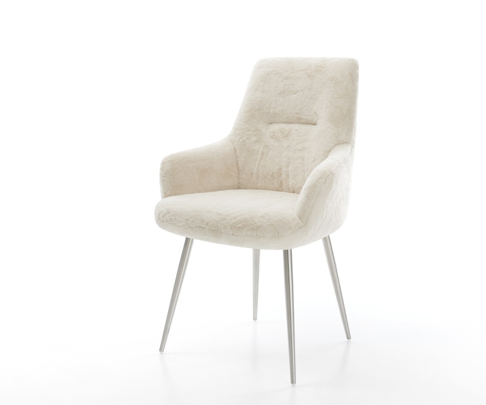 Esszimmerstuhl Zelia-Flex mit Armlehnen Plüsch Creme-Weiß 4-Fuß konisch Edelstahl Taschenfederkern 1