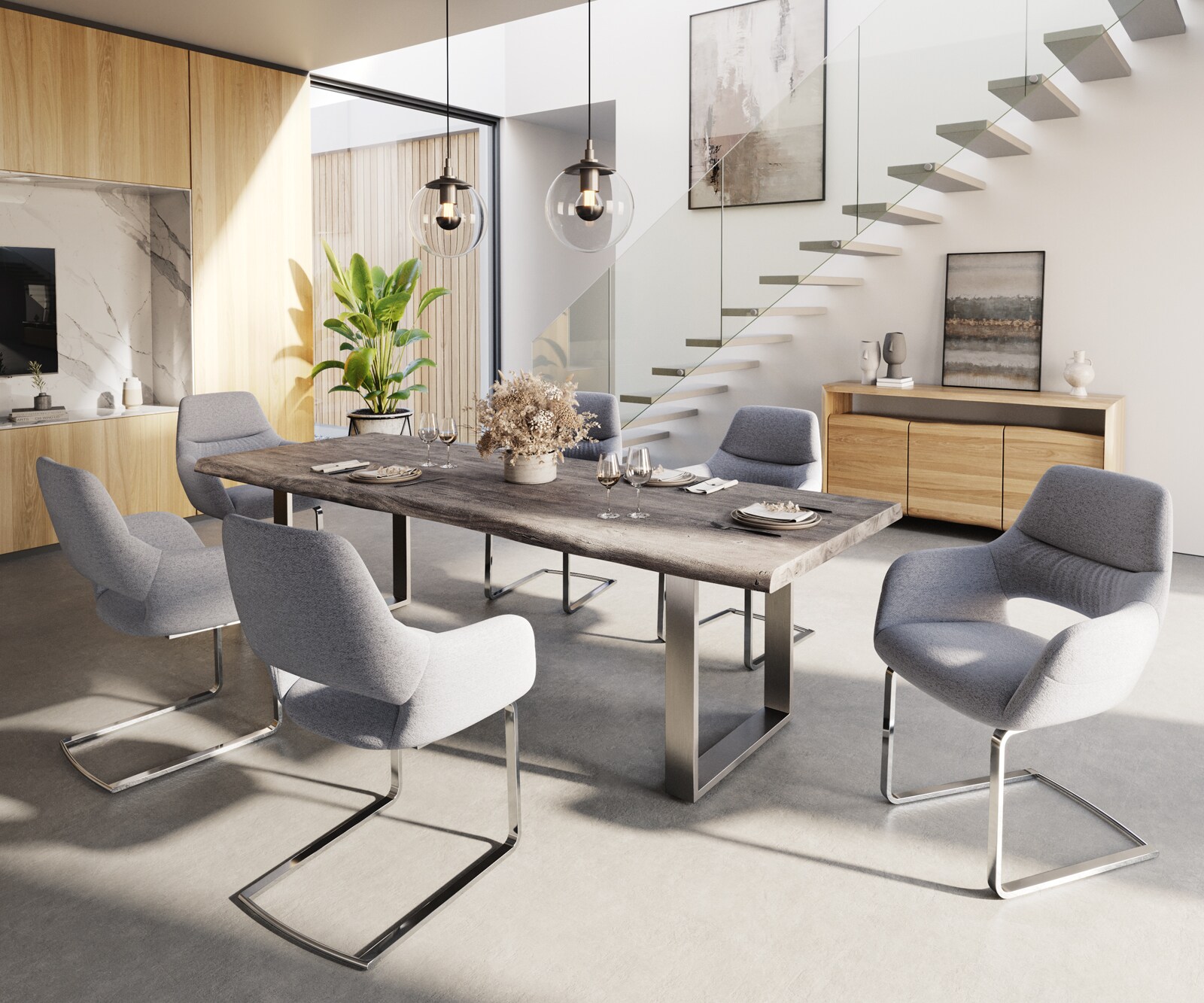 Table-à-manger Edge 260x100 XL acacia platine acier inoxydable mince Live-Edge 6