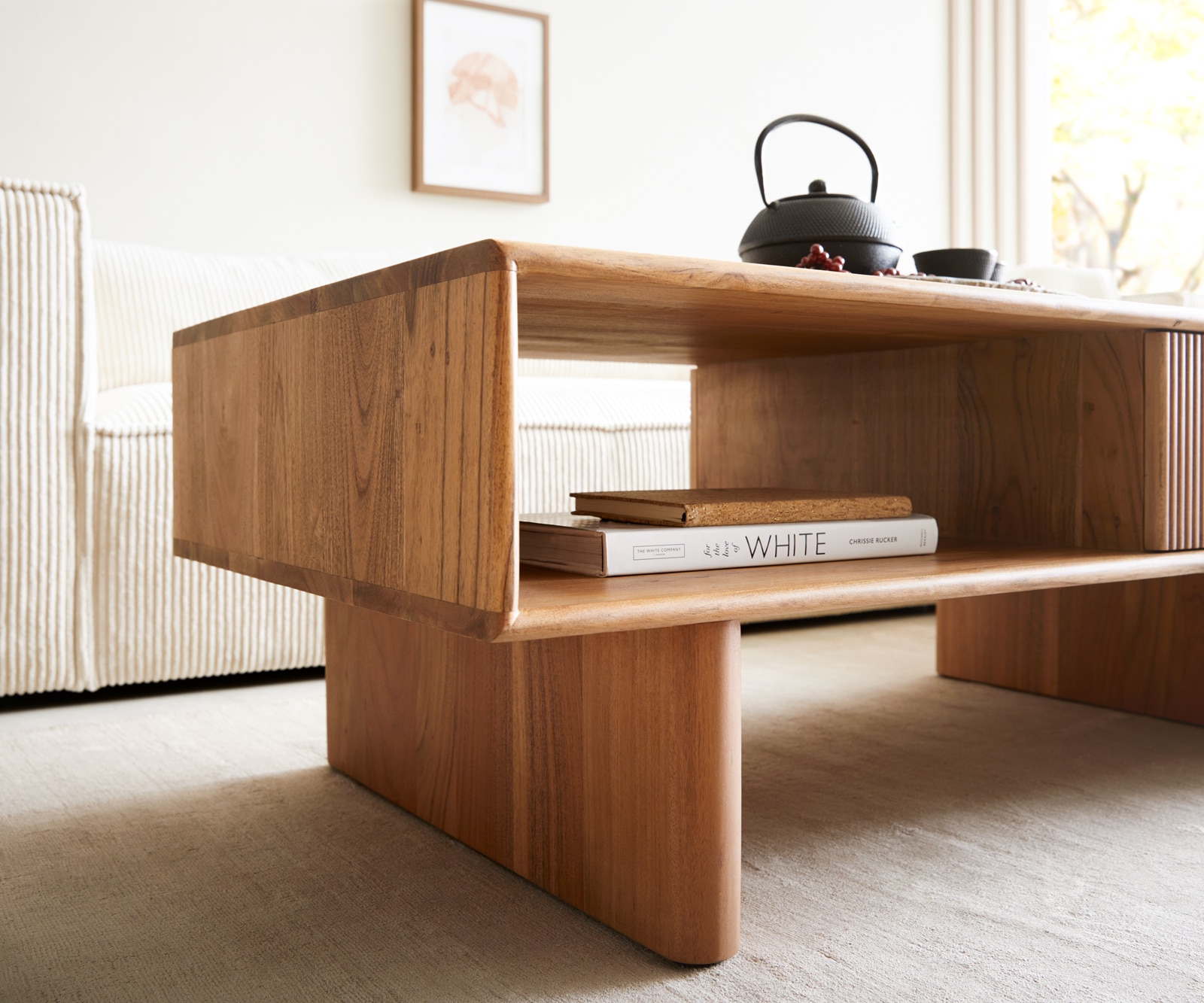 Couchtisch Surimu 115x60 cm Akazie Hellbraun 2 Schubladen Kork-Griff Holzfüße 4 Couchtisch Surimu 115x60 cm Akazie Hellbraun 2 Schubladen Kork-Griff Holzfüße 4