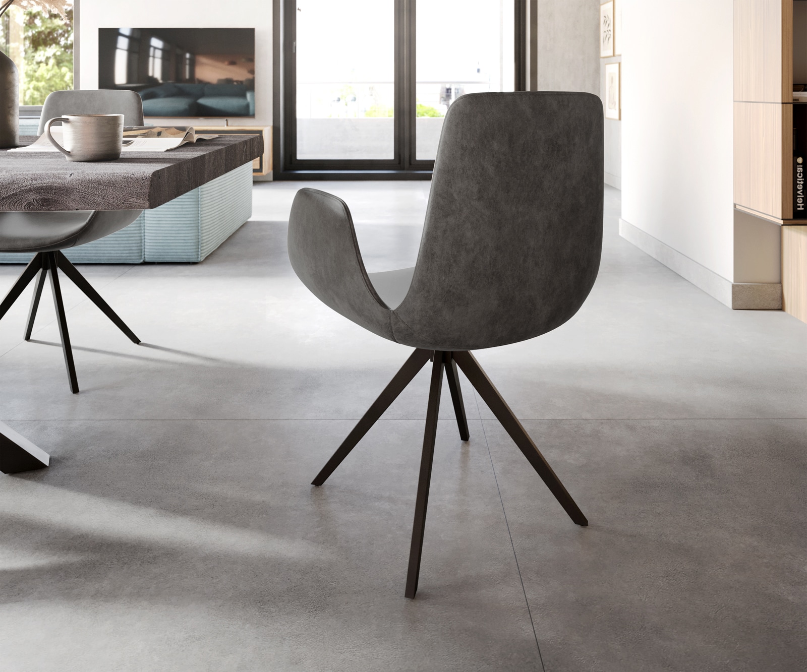 Esszimmerstuhl Ilia-Flex mit Armlehnen Mikrofaser Anthrazit Vintage Kreuzgestell kantig Schwarz 4 Esszimmerstuhl Ilia-Flex mit Armlehnen Mikrofaser Anthrazit Vintage Kreuzgestell kantig Schwarz 4