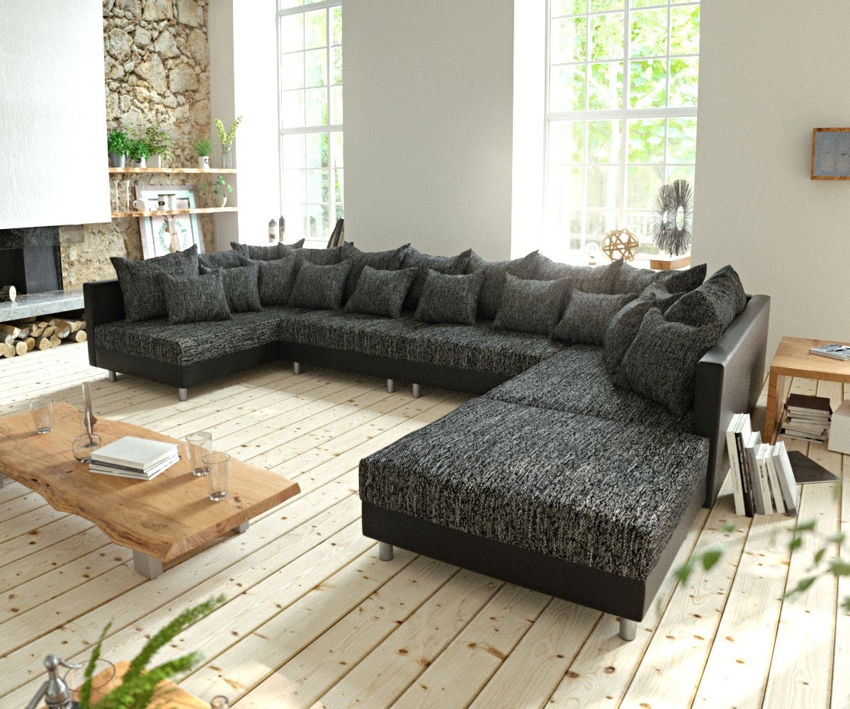 Wohnlandschaft Clovis XL Schwarz Modulsofa mit Hocker 
