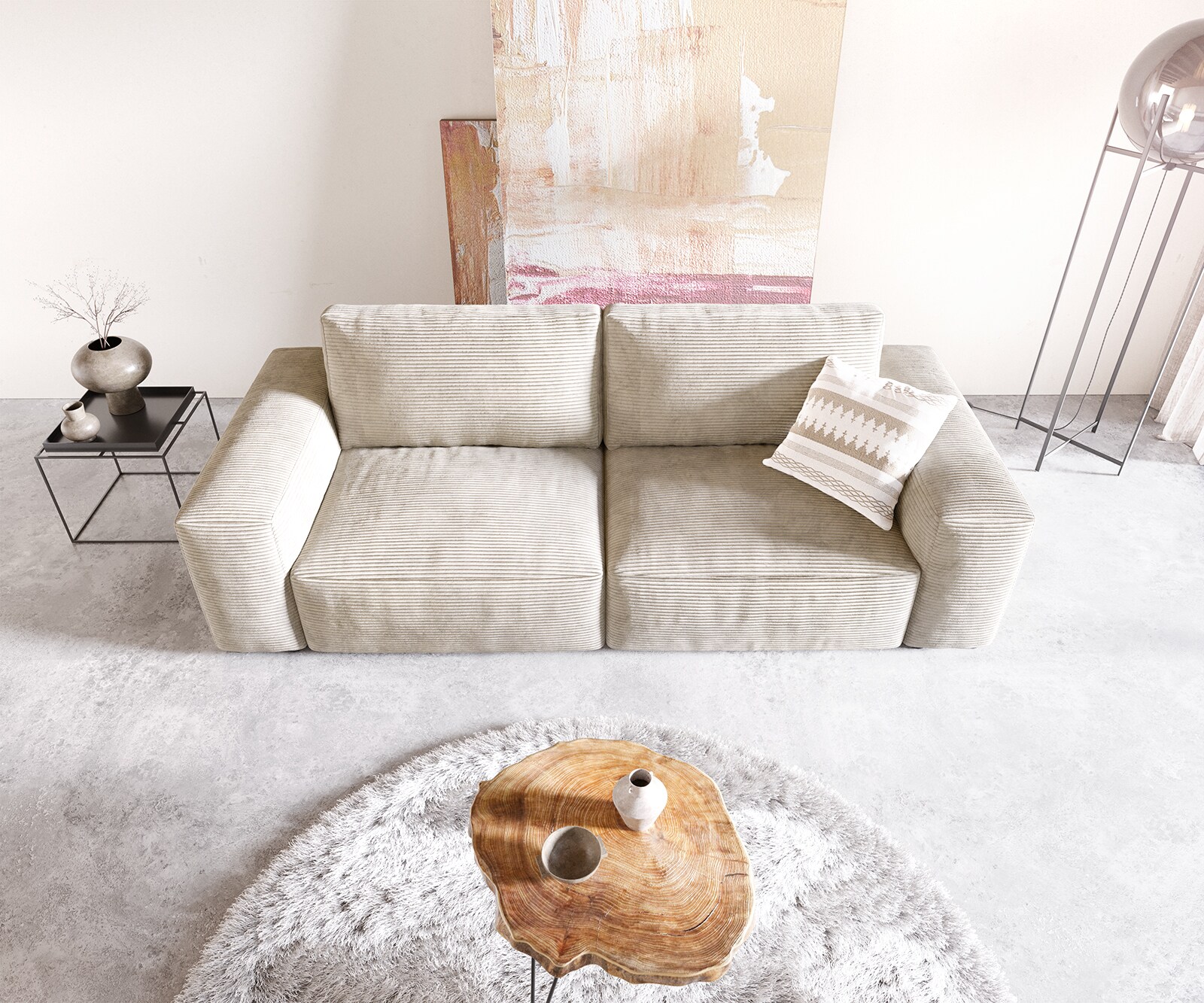 Big canapé Lanzo 230x95 cm velours côtelé beige 3