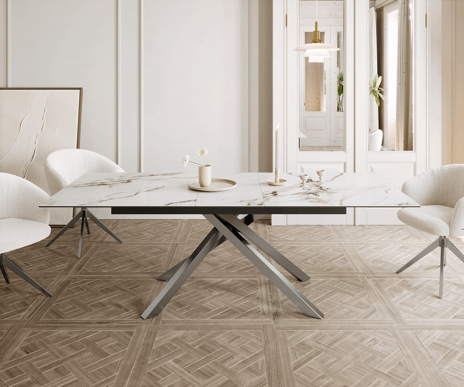 Esstisch Edge 180-220x100 Keramik Calacatta Luxe Weiß-Gold-Grau Kreuzgestell Rechteck Edelstahl ausziehbar 1 Esstisch Edge 180-220x100 Keramik Calacatta Luxe Weiß-Gold-Grau Kreuzgestell Rechteck Edelstahl ausziehbar 1