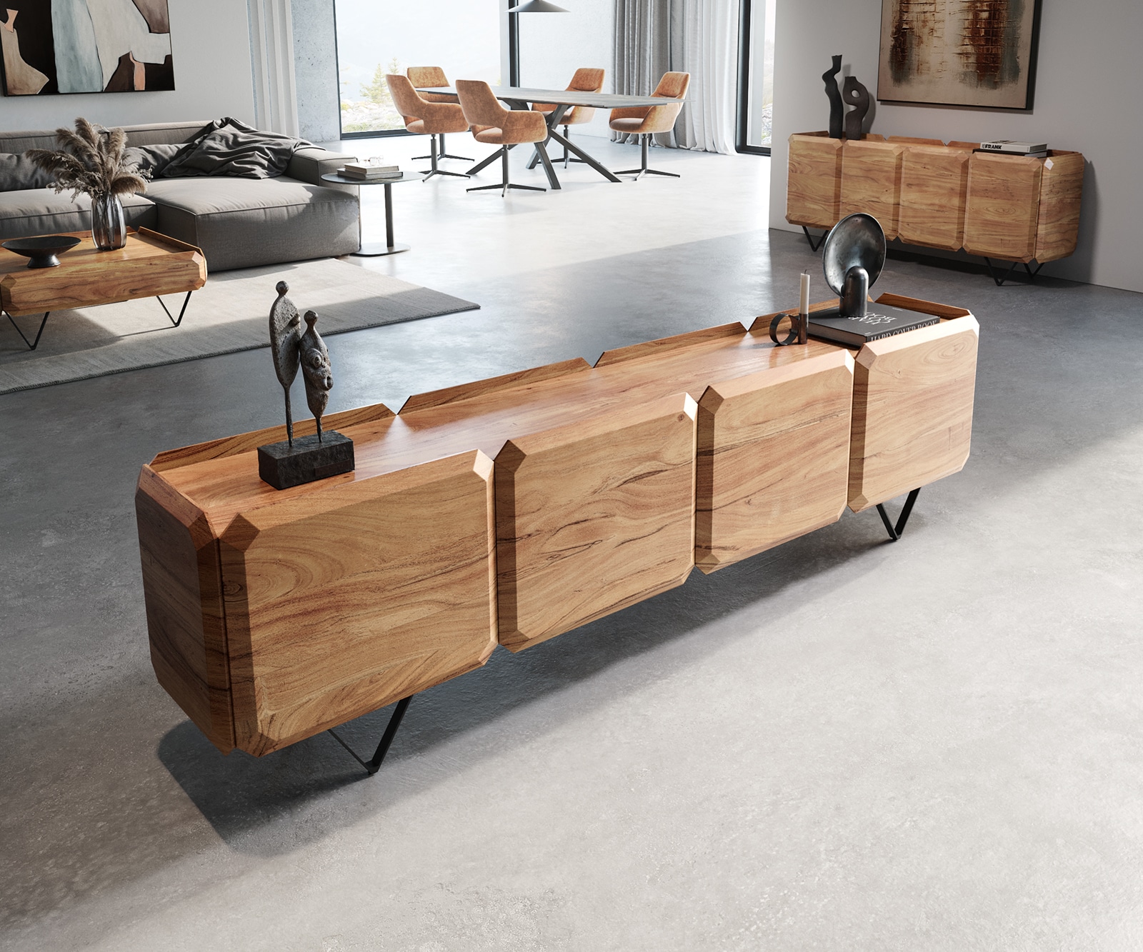 Lowboard Kiano 220 cm Akazie Natur 4 Türen V-Fuß Schwarz Raumteiler 1