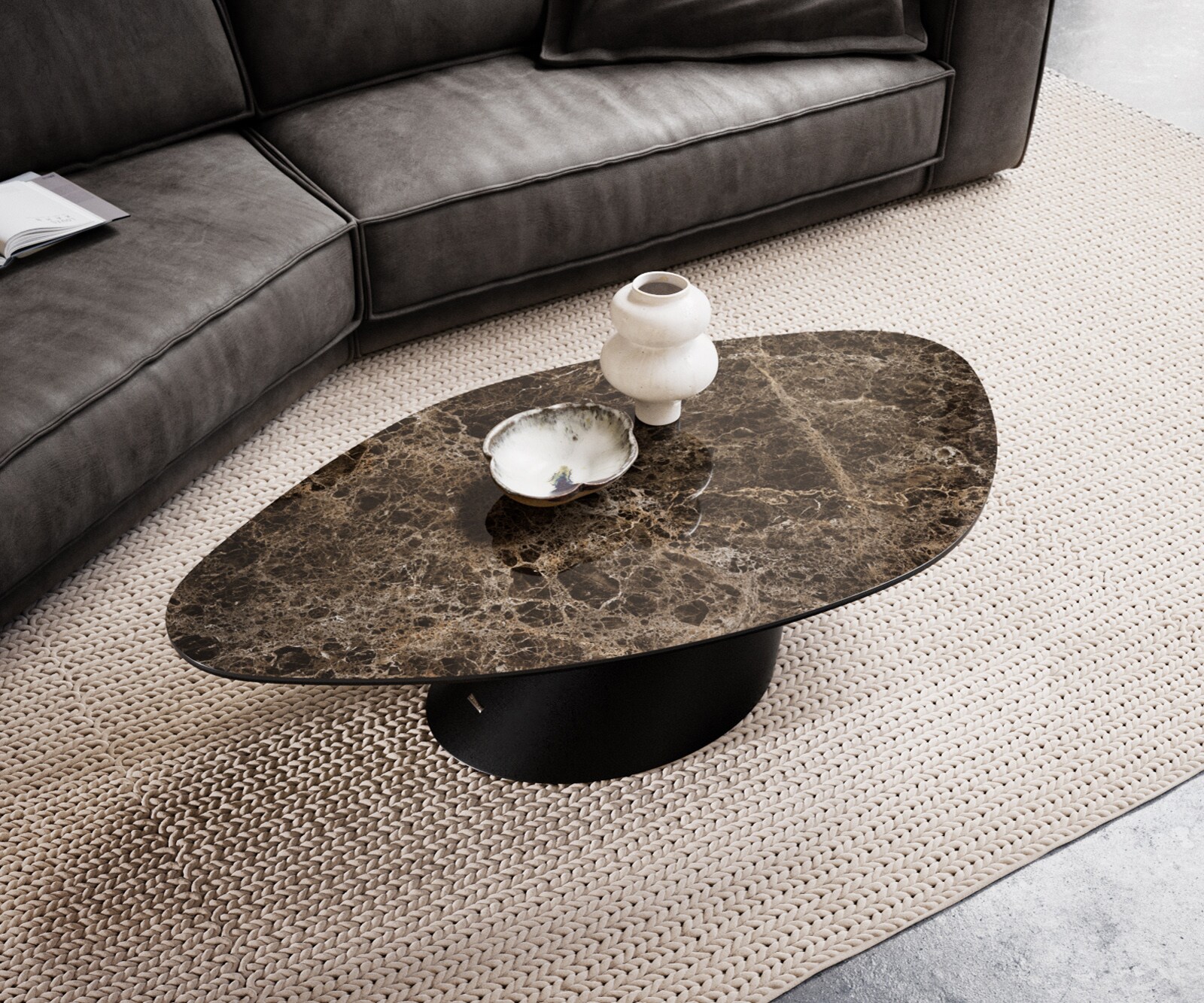 Couchtisch Edge Organisch 140x76 cm Keramik Laminam® Emperador Extra Lucidato Dunkelbraun Conis Metall Schwarz 4