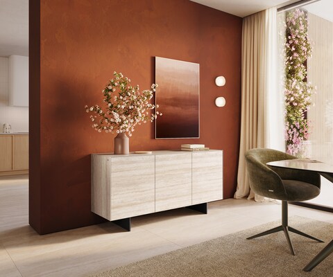 Sideboard Cuor 150 cm Keramik Laminam® Travertino Bianco Creme-Weiß 3 Türen Fuß Schwebeoptik Metall Schwarz