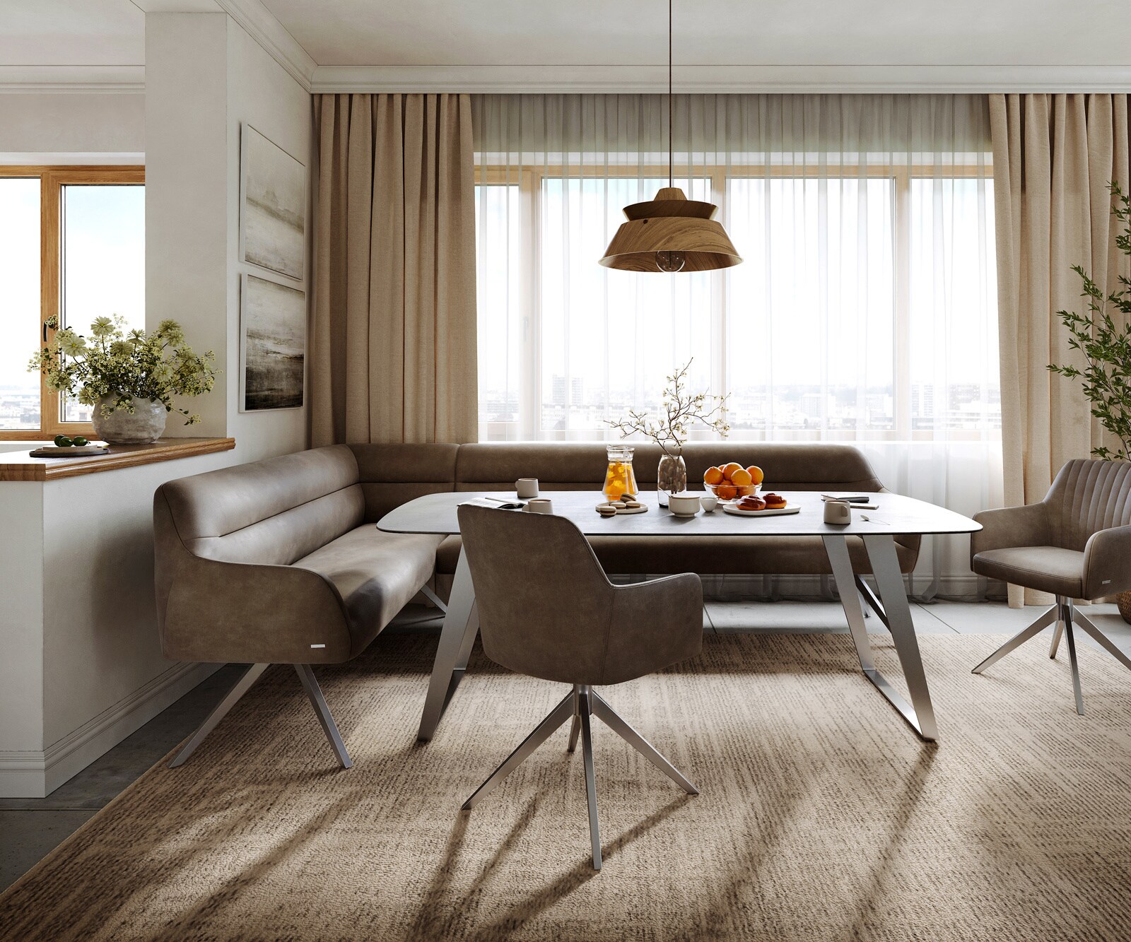 Banc-de-salle-à-manger Taya-Flex 285x190 cm microfibre taupe vintage pied croisé angulaire acier inoxydable ressort ensaché à droite 2