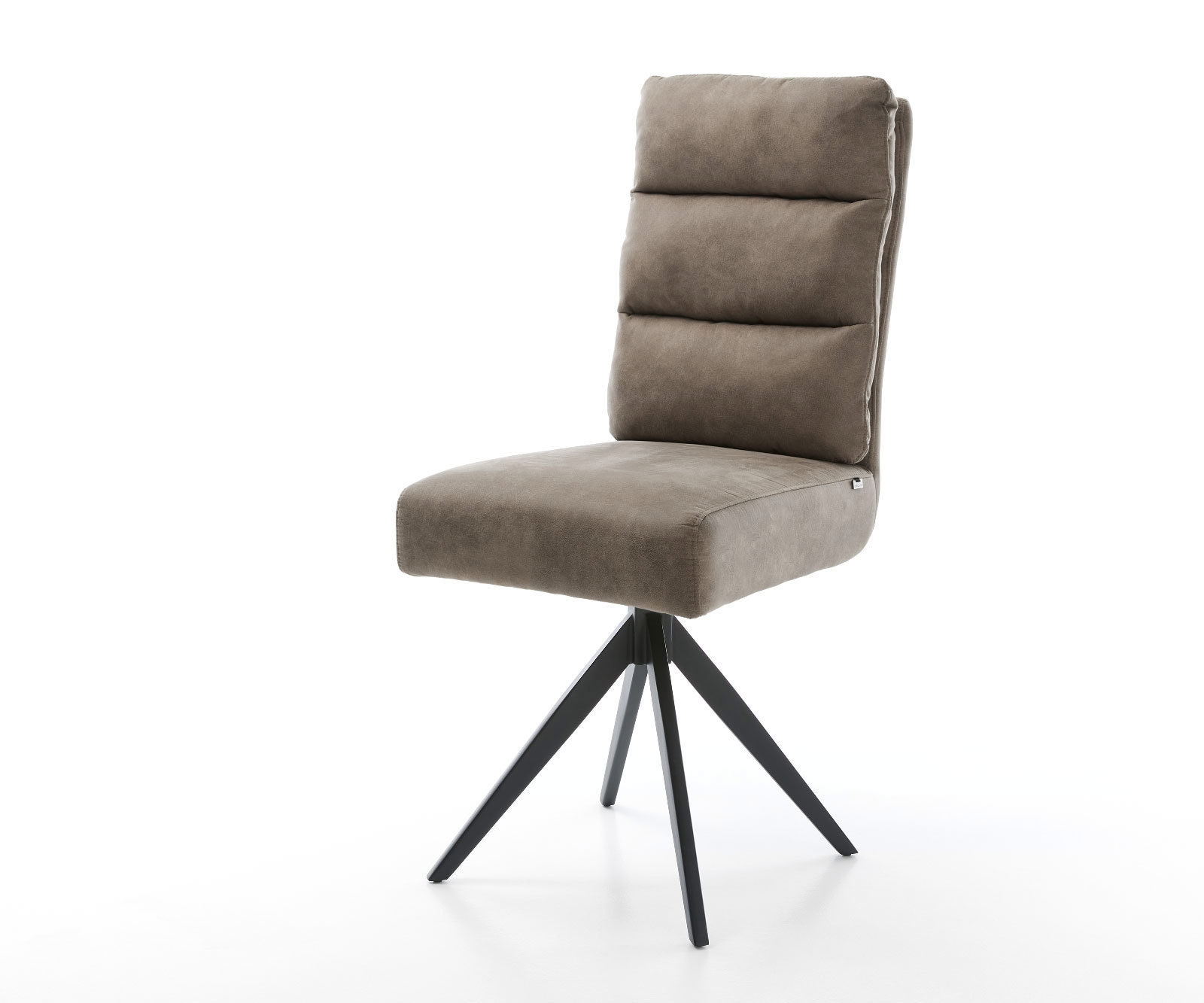 Chaise-de-salle-à-manger Pela-Flex microvelours taupe vintage pied croisé angulaire noir ressorts ensachés Chaise-de-salle-à-manger Pela-Flex microvelours taupe vintage pied croisé angulaire noir ressorts ensachés
