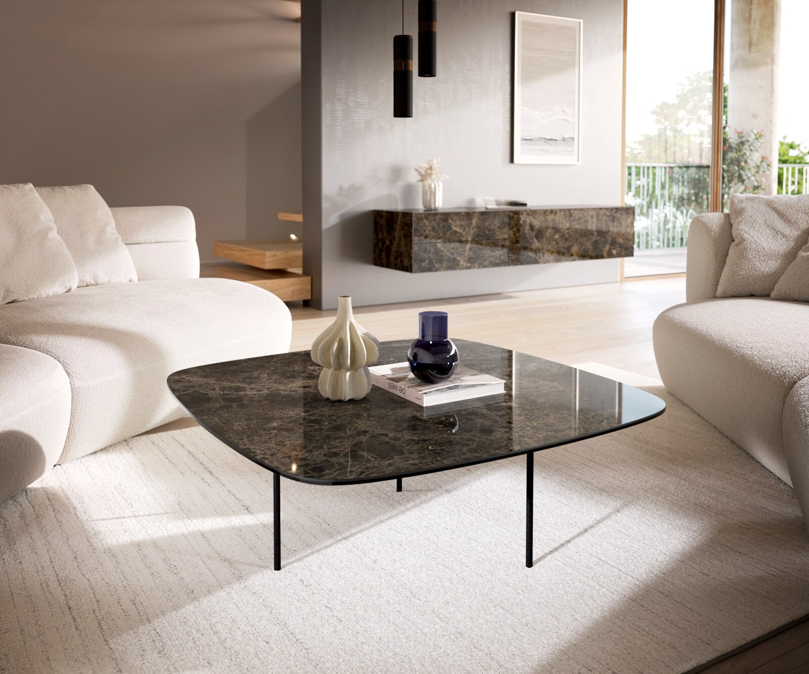 Table basse Edge Boot 90x90 cm céramique Laminam® Emperador Extra Lucidato brun foncé Trive métal noir