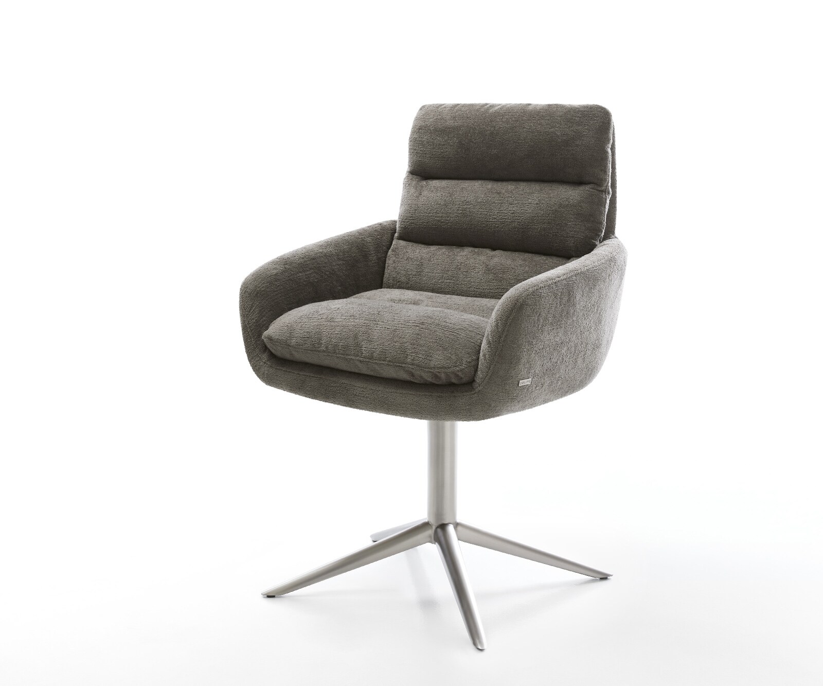 Chaise-pivotante Abelia-Flex avec accoudoirs bouclé doux couleur boue pied de chaise 4 branches acier inoxydable pivotement sur 360° fonction bascule