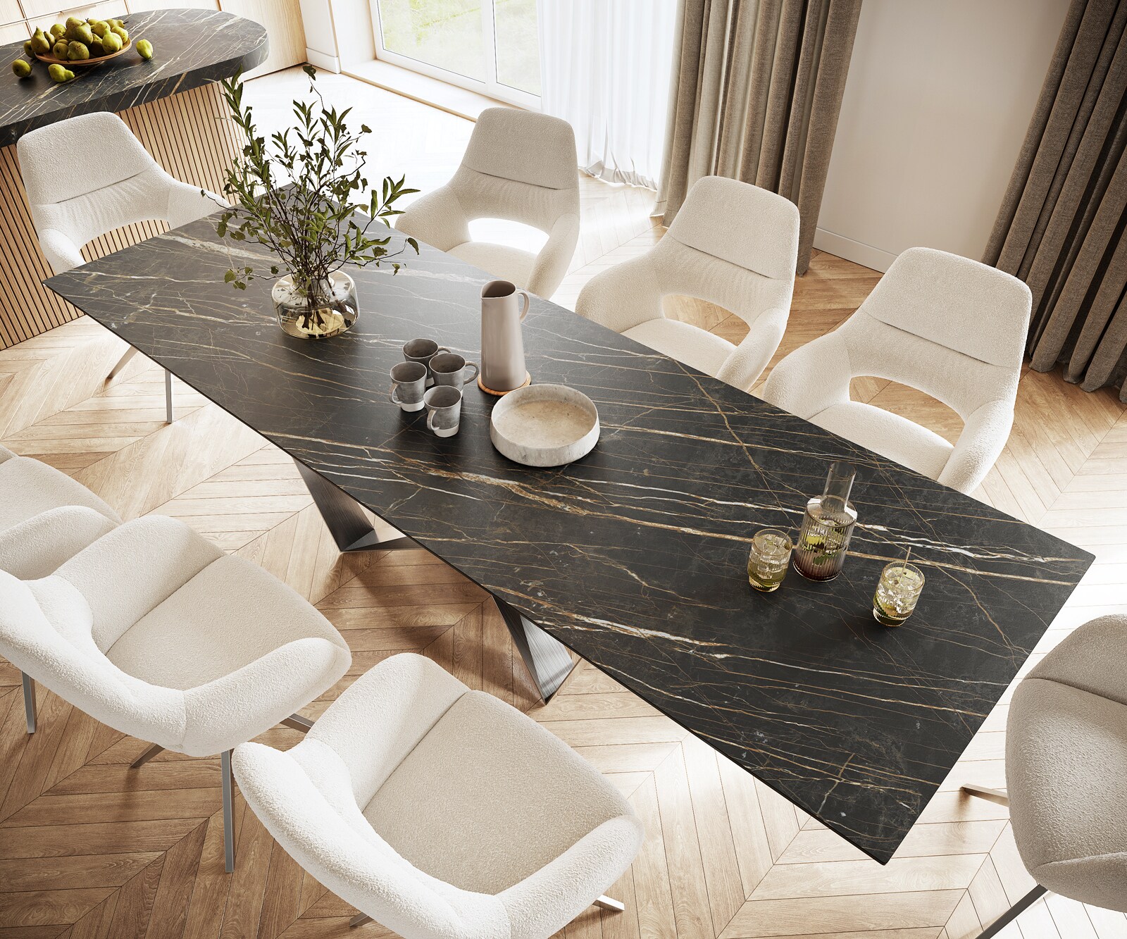 Table-à-manger Edge 300x100cm Laminam® céramique marron pieds milieu acier plat argent 3