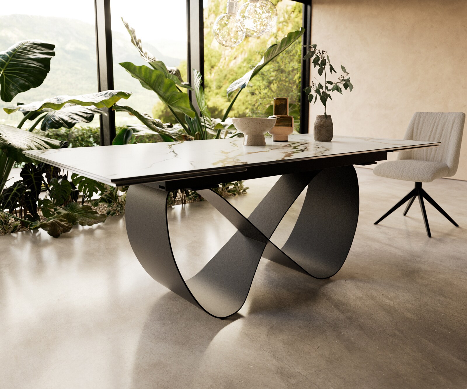 Table à manger Edge 200-300x100 cm Céramique Calacatta Luxe Blanc-Or-Gris Infinity Métal Noir extensible 3