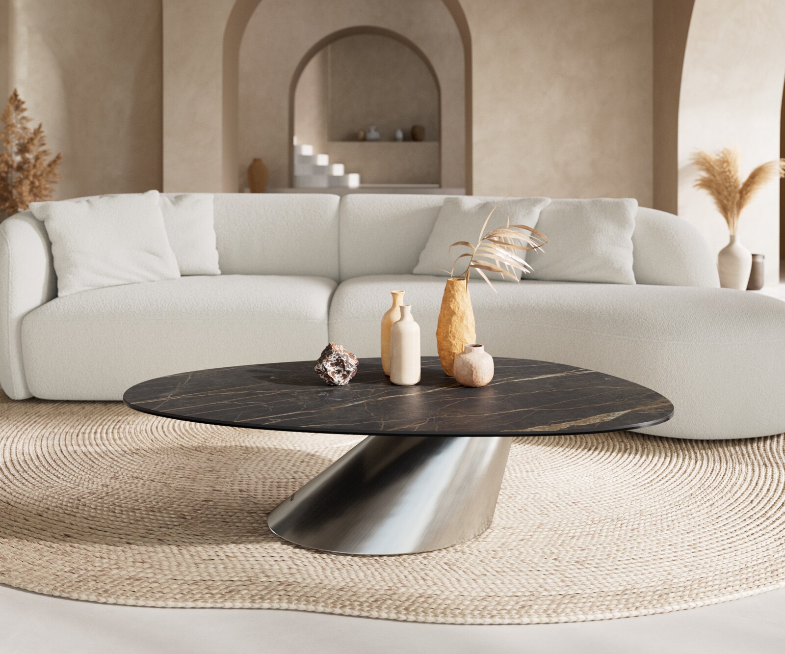 Table basse Edge Oval 140x75 cm céramique Laminam® Noir Desir brun Conis acier inoxydable brossé 2