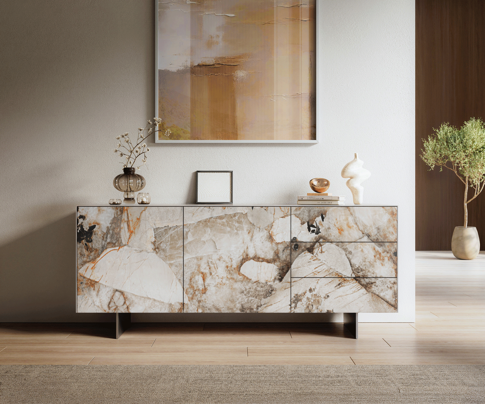 Buffet Cuor 180 cm Céramique Patagonia raffinée 2 Portes 3 Tiroirs Pied optique flottant Ancier inoxydable 2