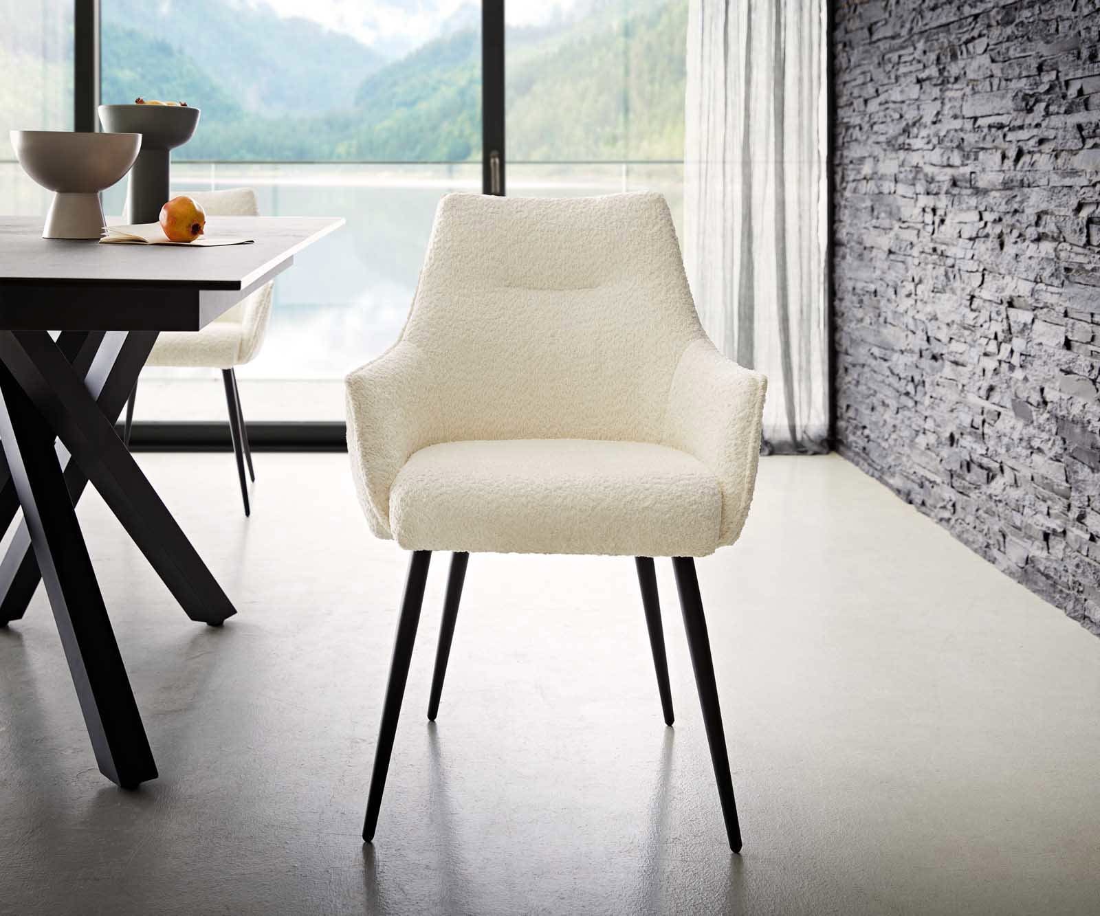 Esszimmerstuhl Alja-Flex mit Armlehnen Bouclé Weiß 4-Fuß konisch Schwarz Taschenfederkern 1 Esszimmerstuhl Alja-Flex mit Armlehnen Bouclé Weiß 4-Fuß konisch Schwarz Taschenfederkern 1