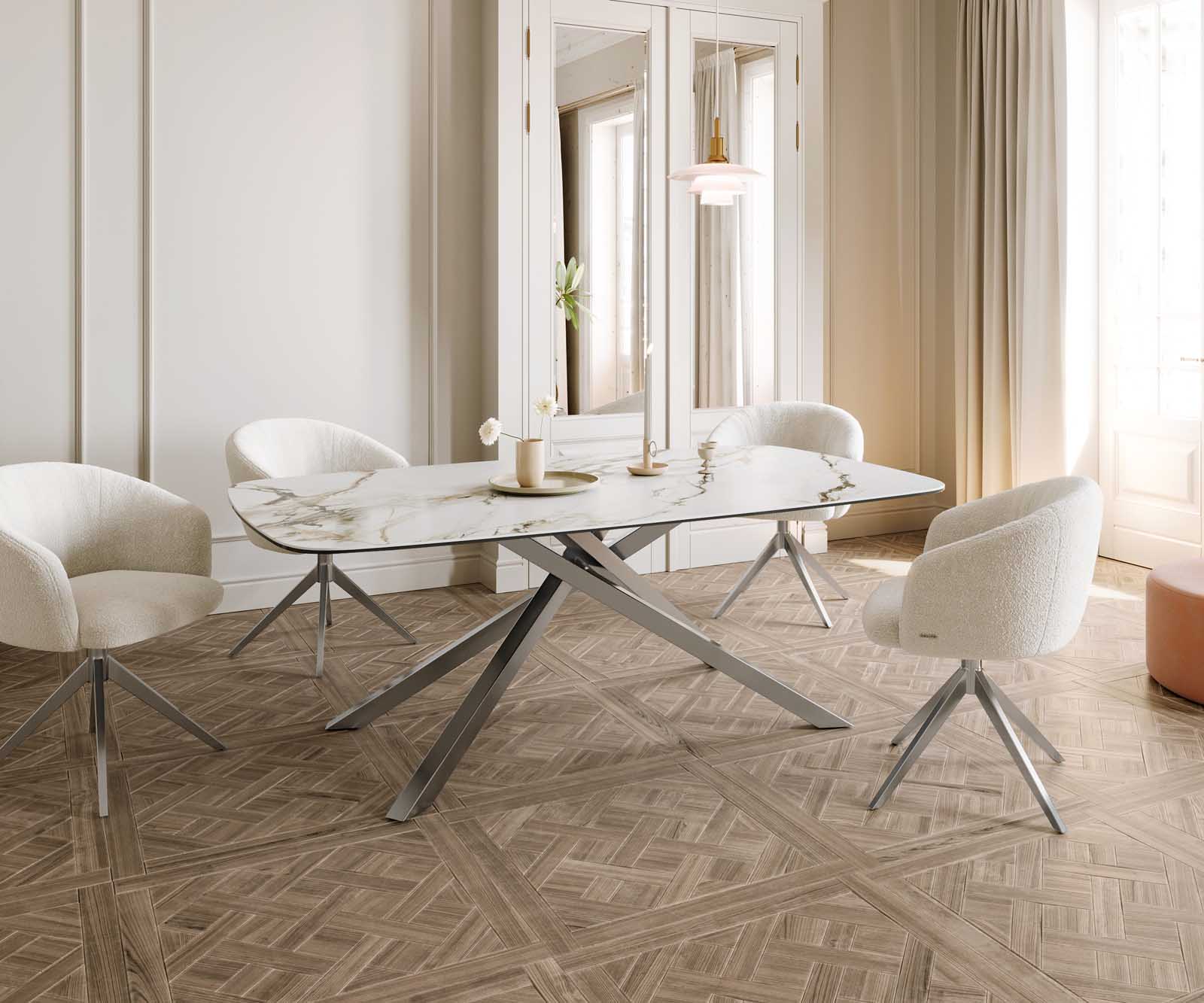 Esstisch Edge Boot 200x100 Keramik Calacatta Luxe Weiß-Gold-Grau Kreuzgestell Rechteck Edelstahl 6