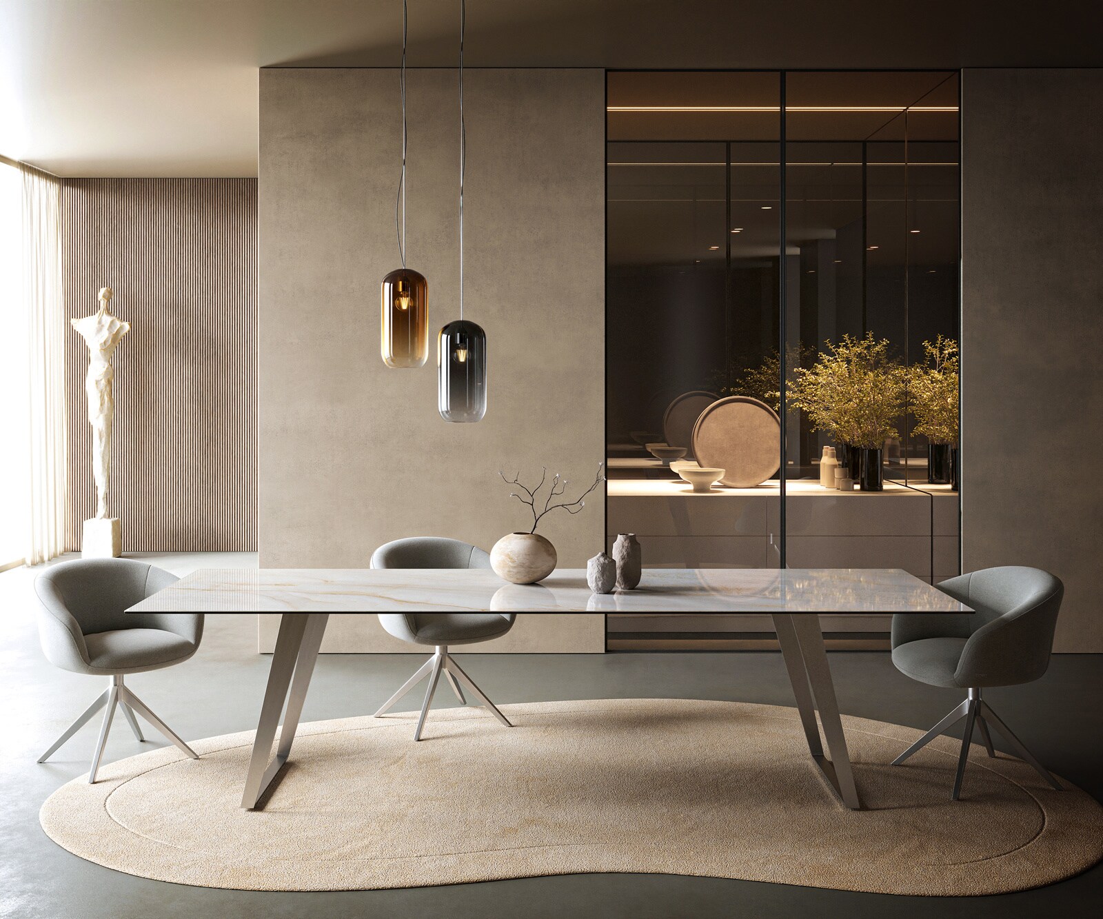 Esstisch Edge 300x100 cm Keramik Onyx Pearl Edelstahl Schräg 1