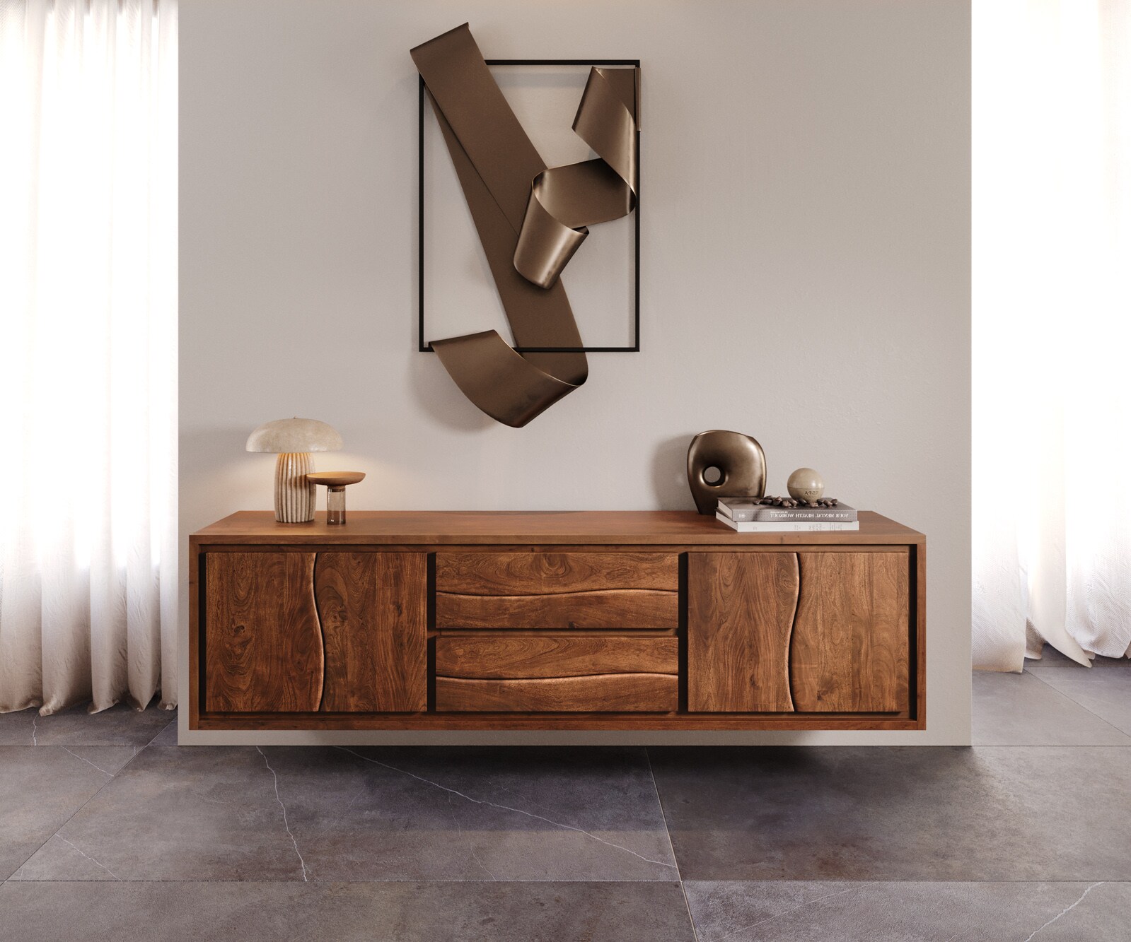 Lowboard Live-Edge 200 cm Akazie Braun 4 Türen 2 Schübe schwebend 1 Lowboard Live-Edge 200 cm Akazie Braun 4 Türen 2 Schübe schwebend 1