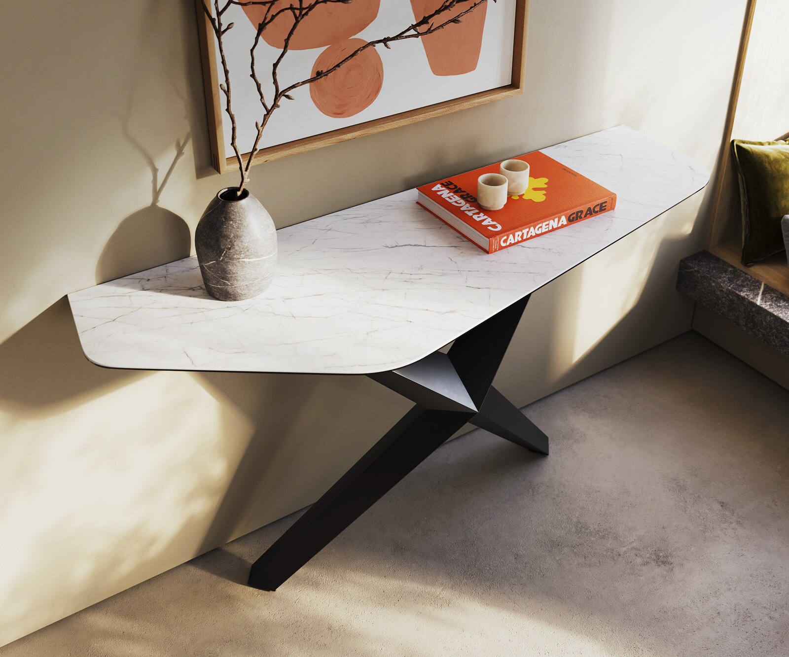 Konsolentisch Edge Polygonal 140x50 cm Keramik Laminam® Statuarietto Weiß Zentharo Metall Schwarz 1