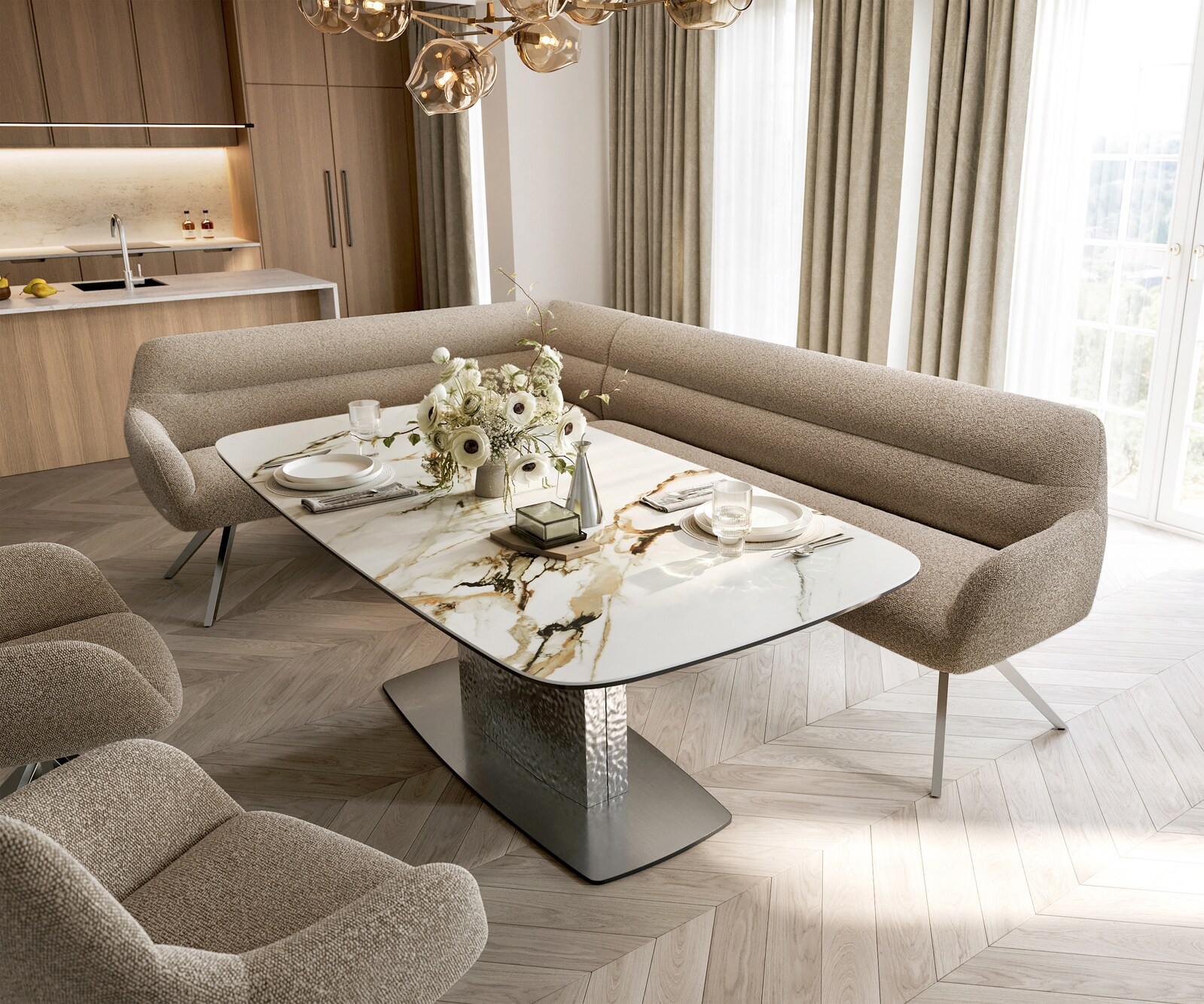 Esszimmerbank Taya-Flex 285x190 cm Bouclé Schlamm Kreuzgestell kantig Edelstahl Taschenfederkern Rechts