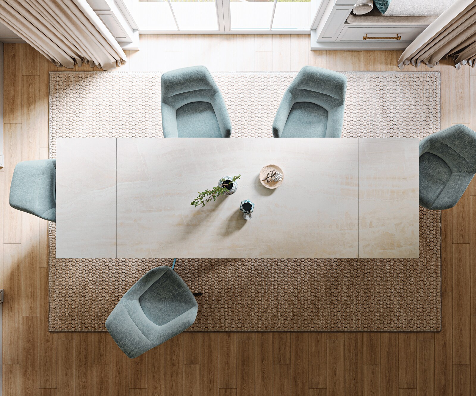 Table à manger extensible Edge 200-300x100 cm céramique Onyx Champagne piètement croisé rectangulaire inox graphite 5