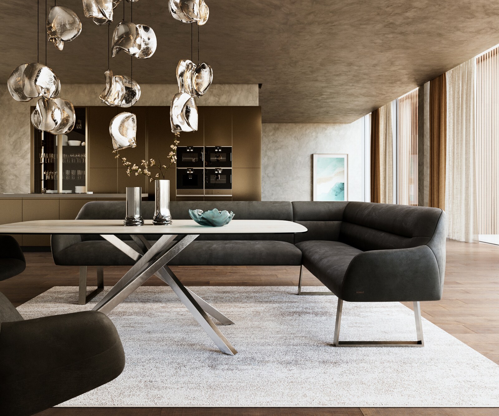 Esszimmerbank Taya-Flex 285x190 cm Mikrofaser Anthrazit Vintage Kufengestell kantig Edelstahl Taschenfederkern Links 1