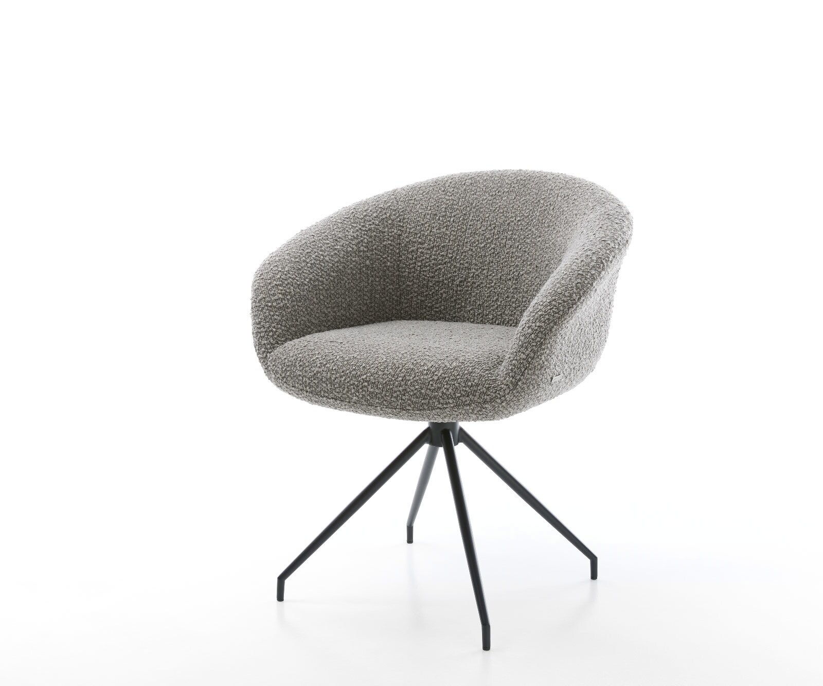 Chaise-pivotante Vinka-Flex avec accoudoirs bouclé gris argenté pied croisé conique noir pivotement sur 180° ressorts ensachés