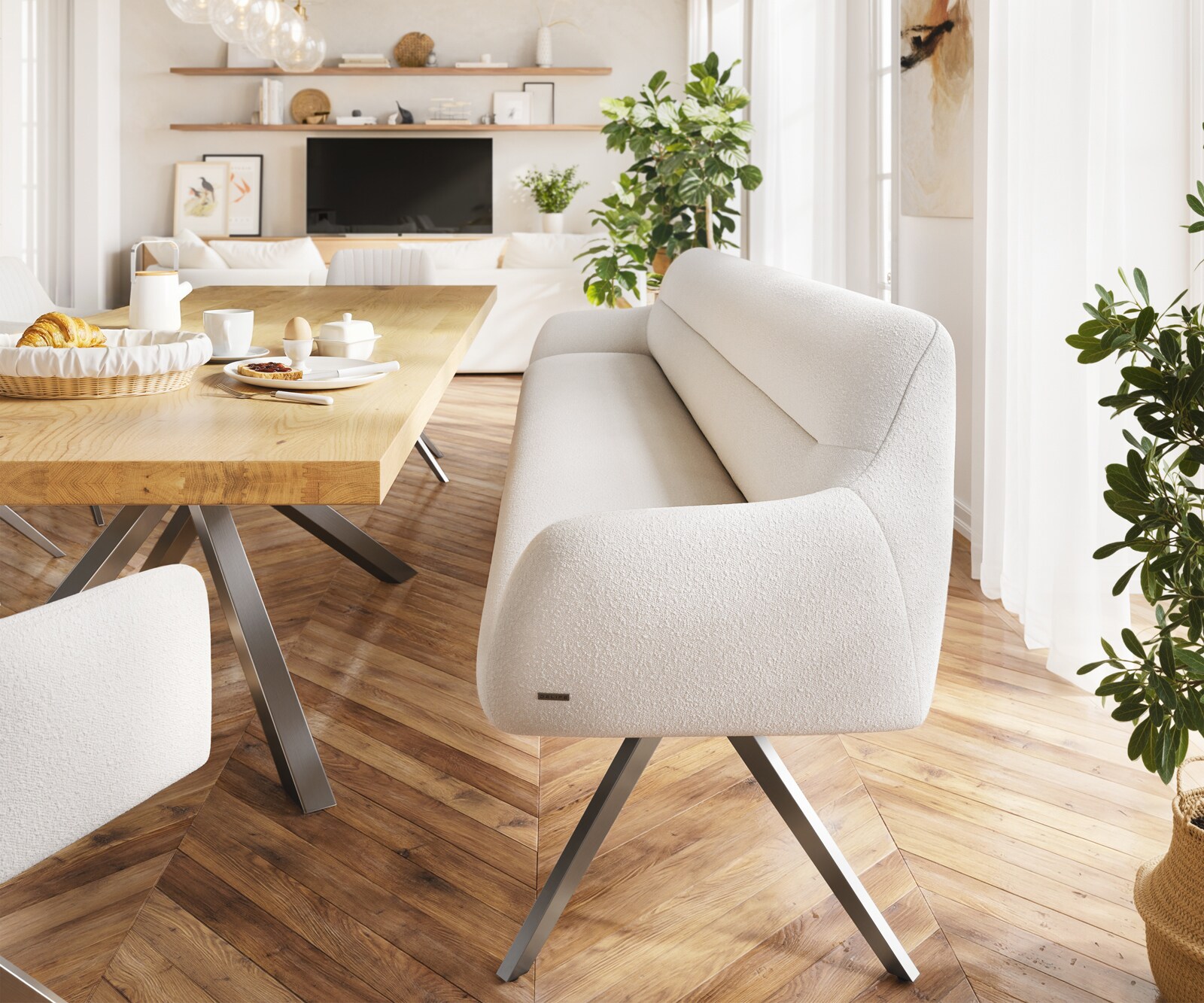 Esszimmerbank Taya-Flex 300 cm Bouclé Creme-Weiß Kreuzgestell kantig Graphit Taschenfederkern 1