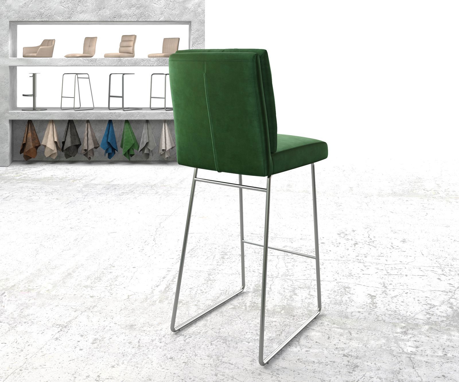 Chaise-de-bar Pela-Flex velours vert cadre de patins acier inoxydable 2