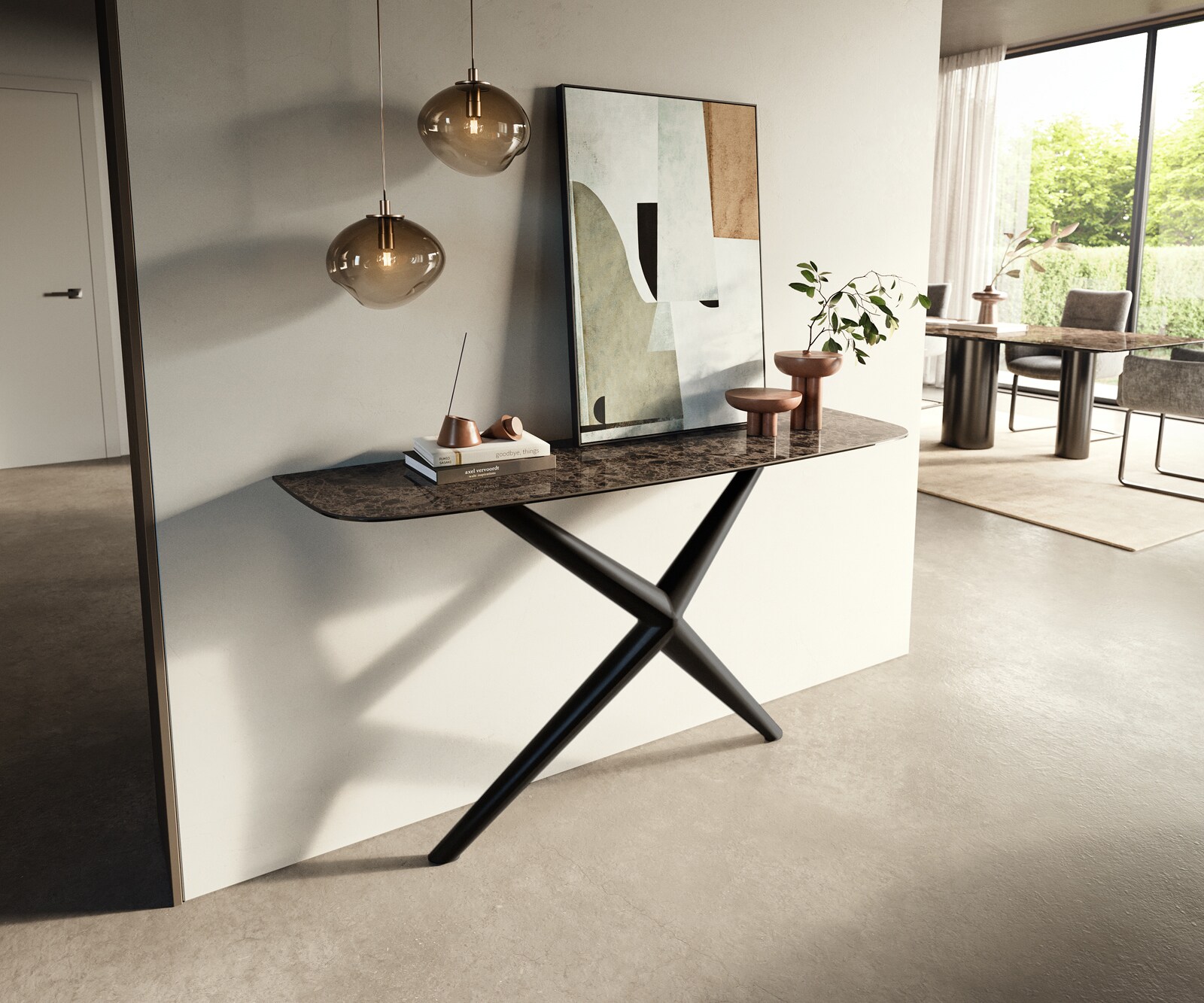 Console Edge forme bateau 140x40 cm Céramique Emperador Extra Lucidato Dunkelbraun Estelo Métal Noir 4