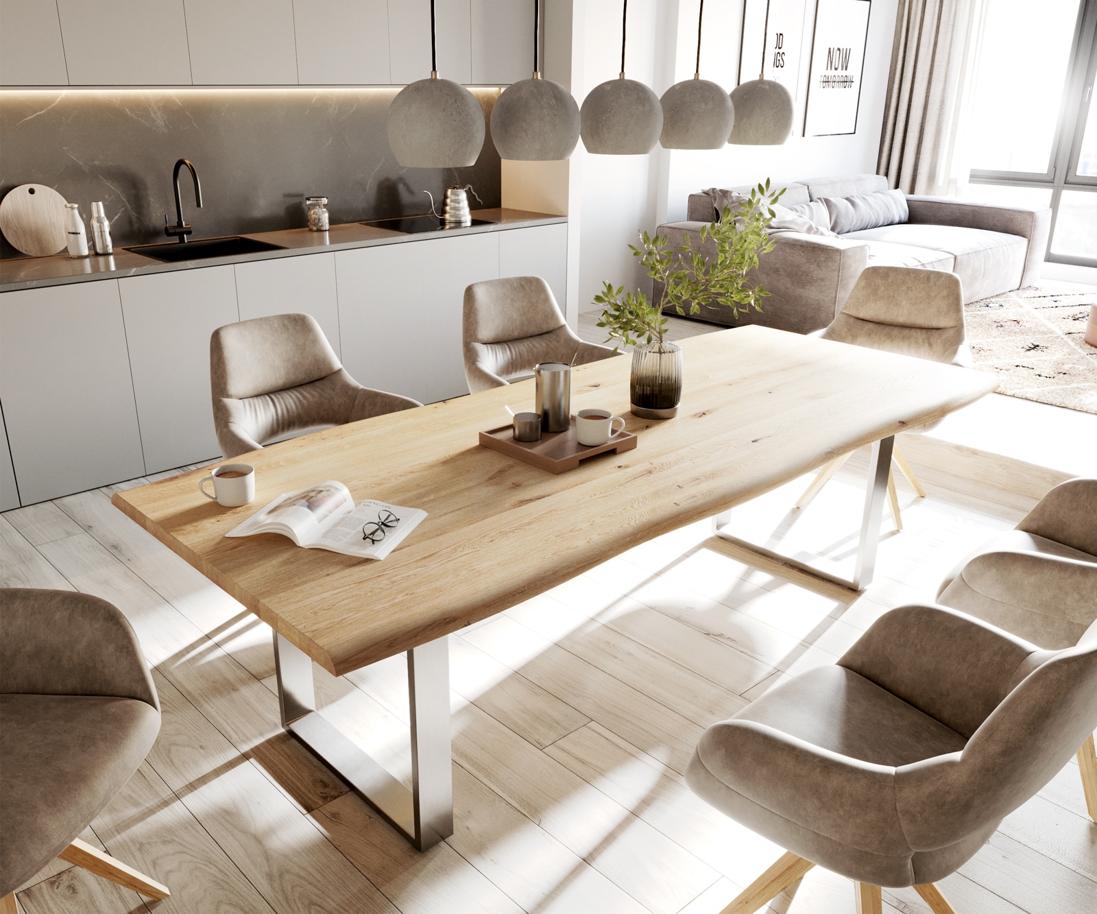 Esstisch Edge 260x100x2,5-3 Eiche Natur Edelstahl schmal Live-Edge Esstisch Edge 260x100x2,5-3 Eiche Natur Edelstahl schmal Live-Edge