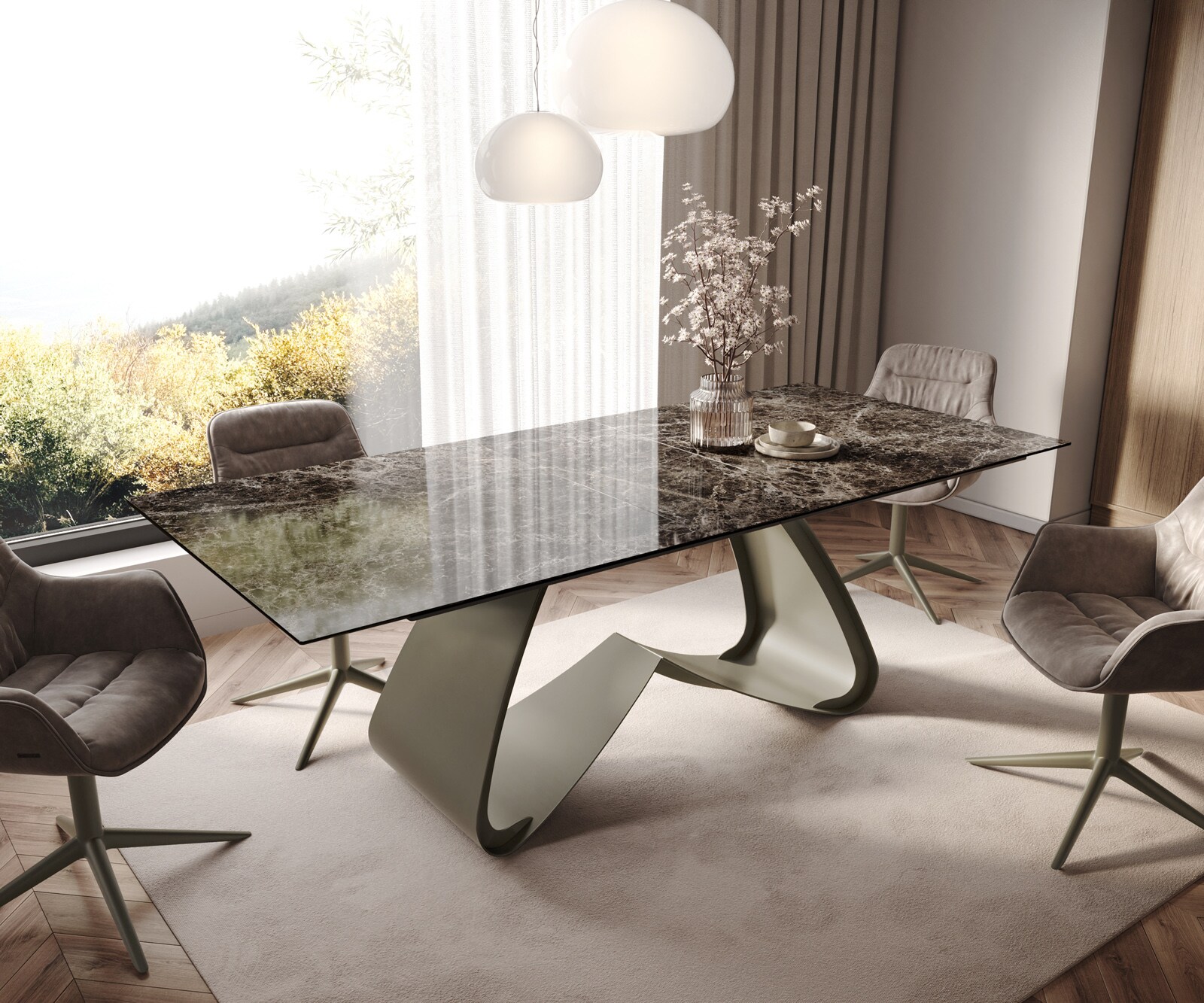 Table à manger Edge 180-220x100 Laminam® Emperador Extra Lucidato Marron foncé Cadre en W finition à effet Titane extensible