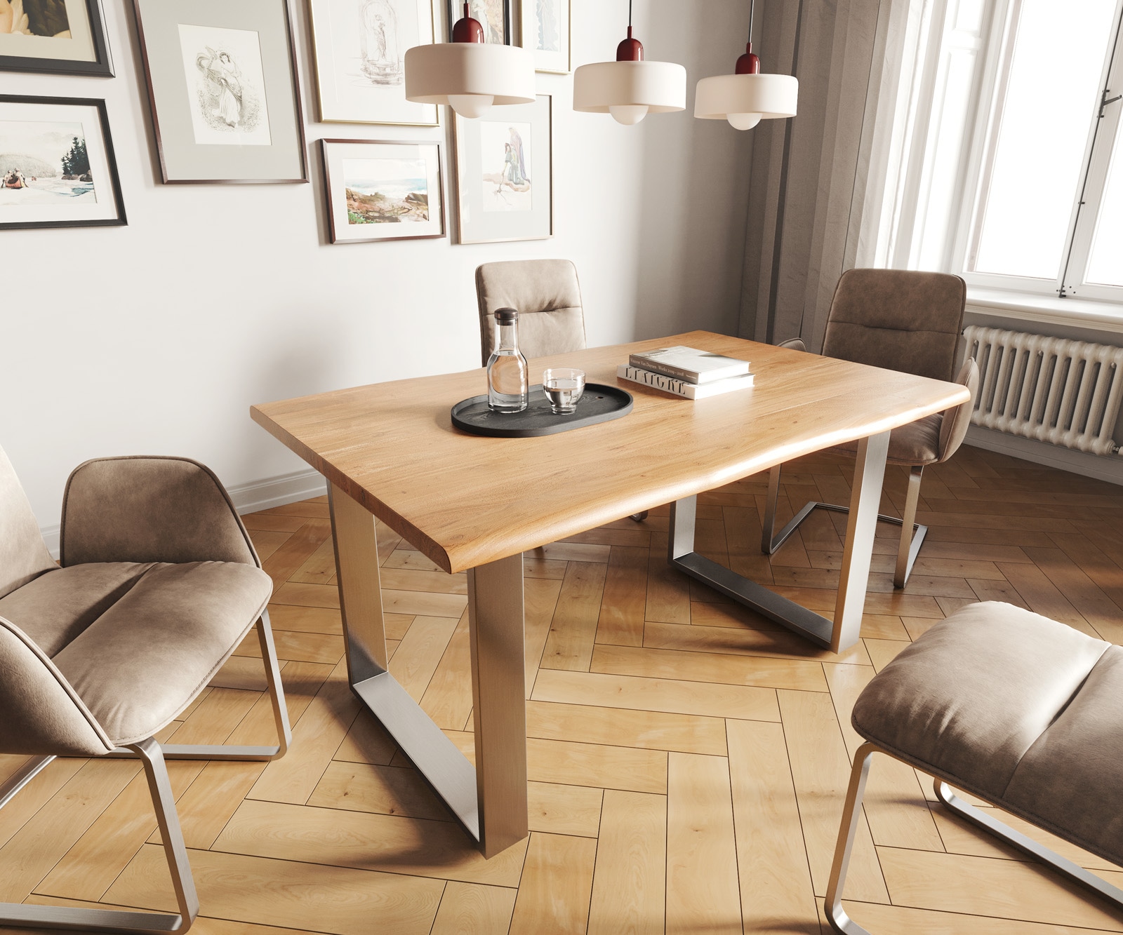 Esszimmertisch Edge Akazie Natur 140x90 Edelstahl Schmal Live-Edge
