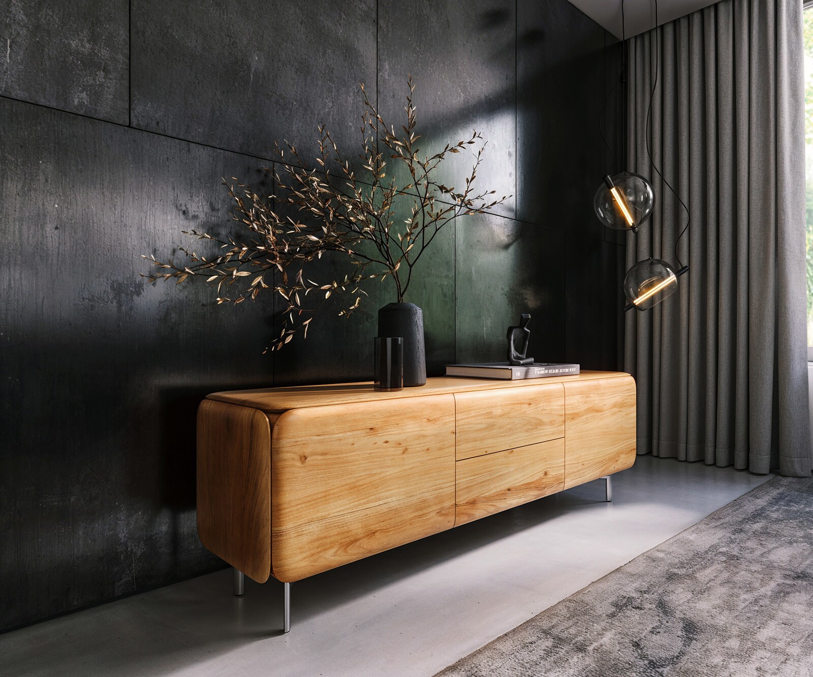 Meuble-TV Shavani 175 cm Acacia naturel 2 portes 2 tiroirs Pieds ovales en acier inoxydable 1