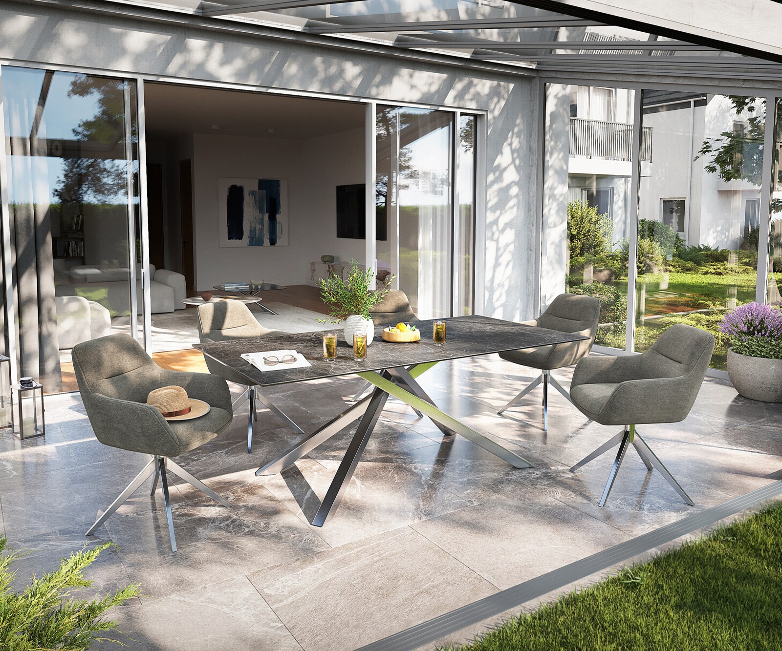 Outdoortisch Edge 200x100 cm Keramik Laminam® Nero Greco Anthrazit Kreuzgestell Rechteck Edelstahl 5