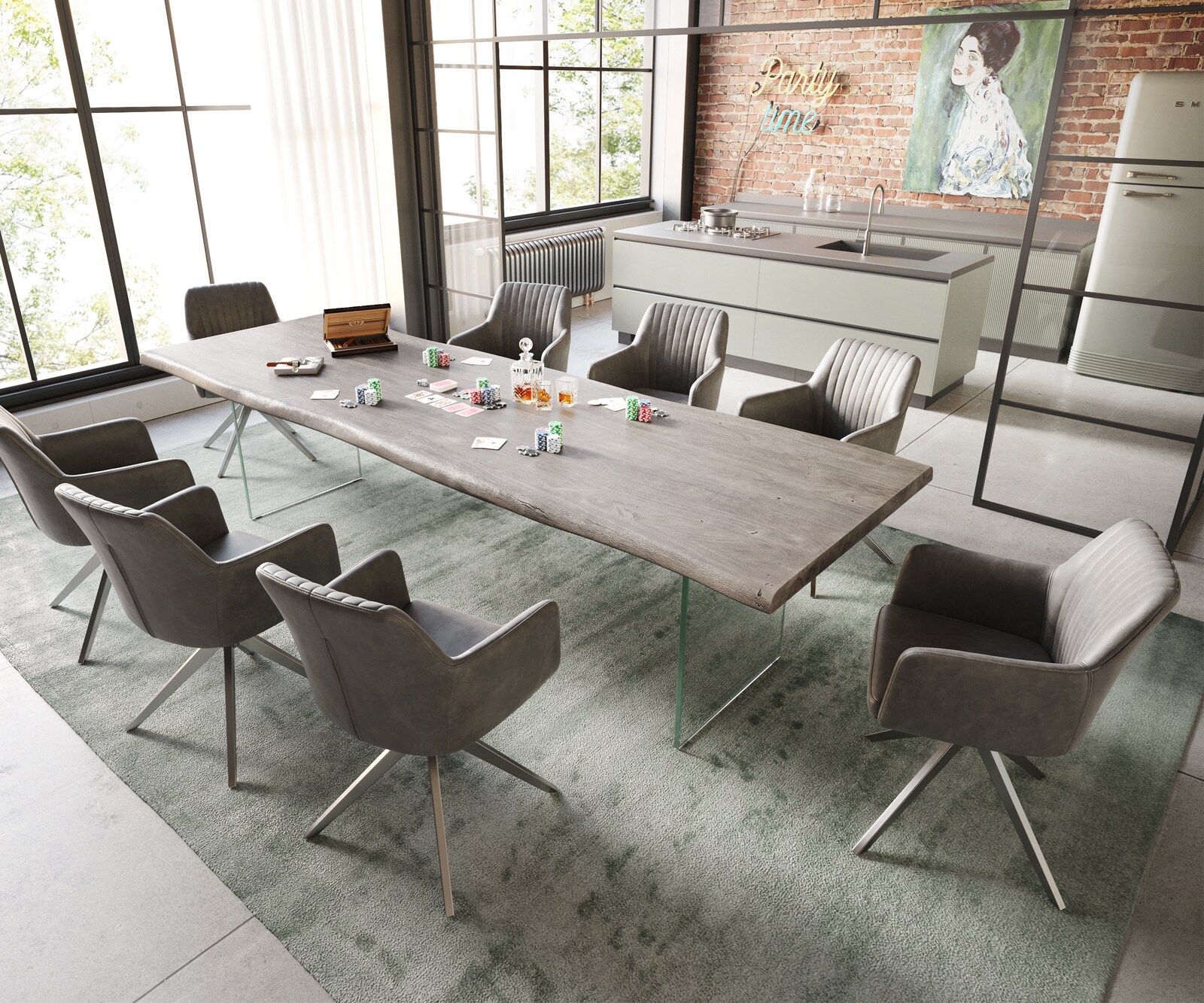 Esstisch Edge 300x100 XL Akazie Platin Glas Live-Edge 5