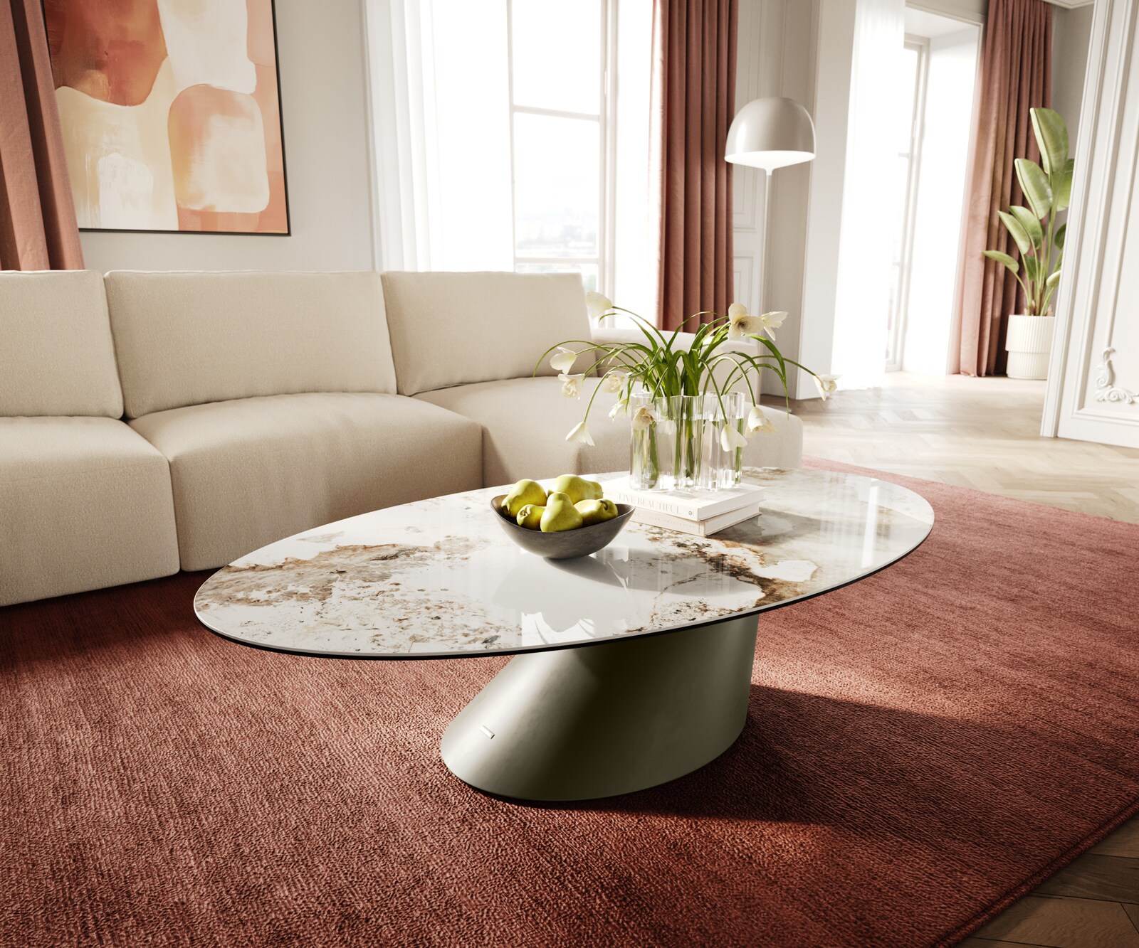 Couchtisch Edge Oval 140x80 cm Keramik Minas Melange Conis Metall Effektfinish Titan 1