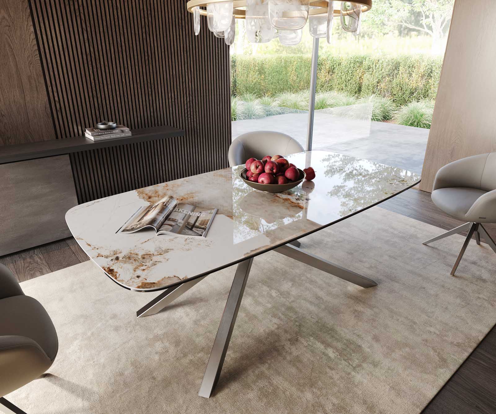 Esstisch Edge Boot 200x100 Keramik Minas Melange Weiß-Beige Kreuzgestell Rechteck Edelstahl Esstisch Edge Boot 200x100 Keramik Minas Melange Weiß-Beige Kreuzgestell Rechteck Edelstahl