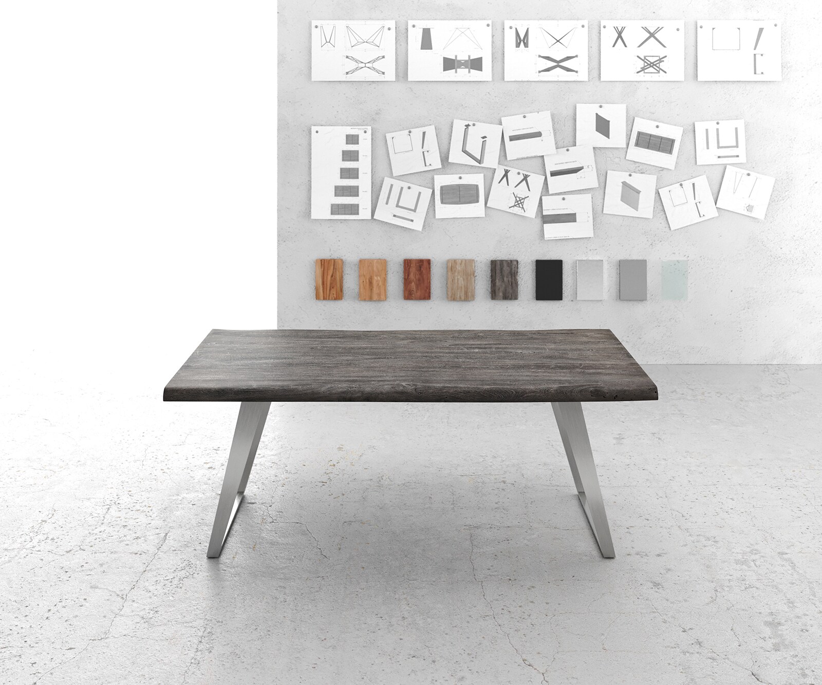 Table-à-manger Edge 200x100cm XL acacia platine acier inoxydable argent incliné Live-Edge 2