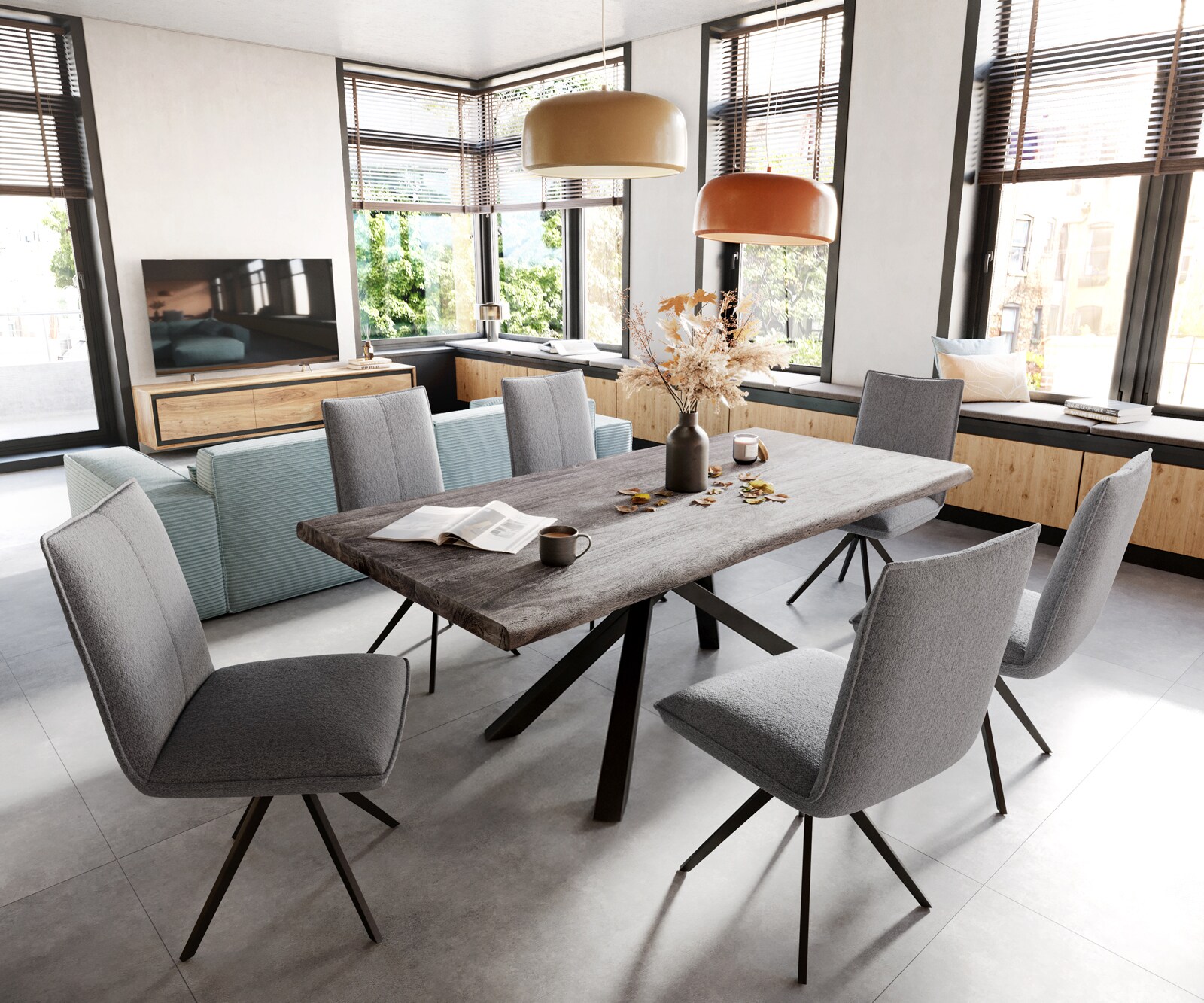 Esstisch Edge 200x100 XL Akazie Platin Kreuzgestell Rechteck Schwarz Live-Edge 6