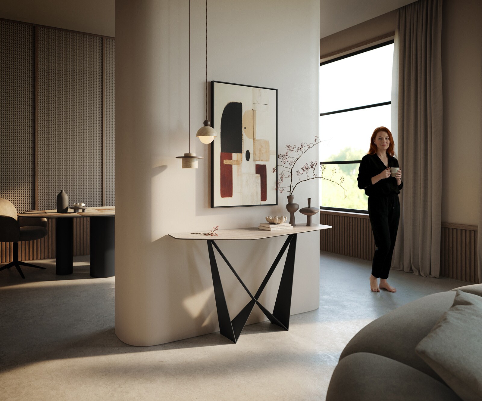 Console Edge Polygonal 140x50 cm Céramique Laminam® Travertino Bianco Creme-Weiß Spios Métal Noir 7