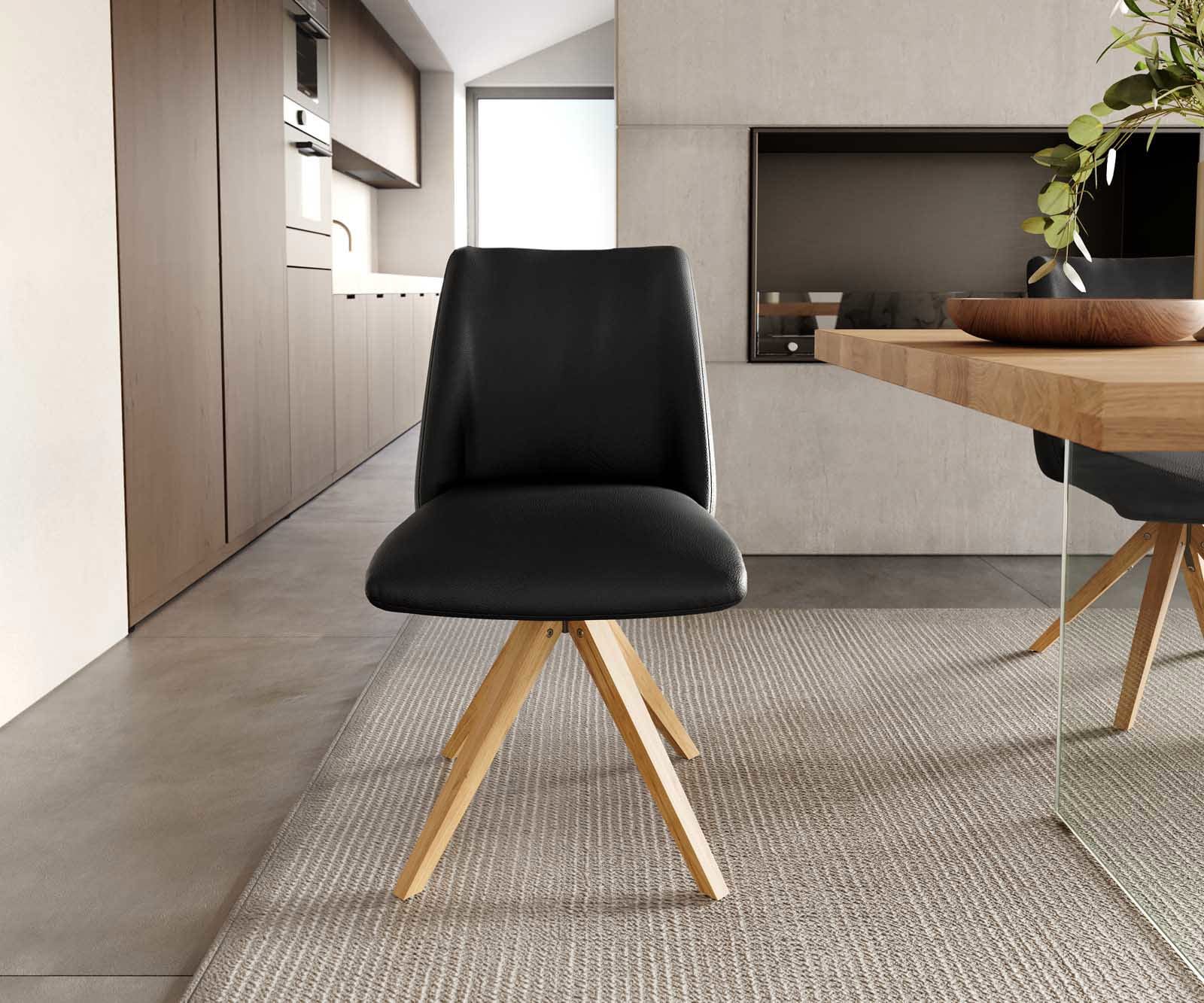 Drehstuhl Elso-Flex Echt-Leder Schwarz Holzgestell kantig Natur 180° drehbar Taschenfederkern 2