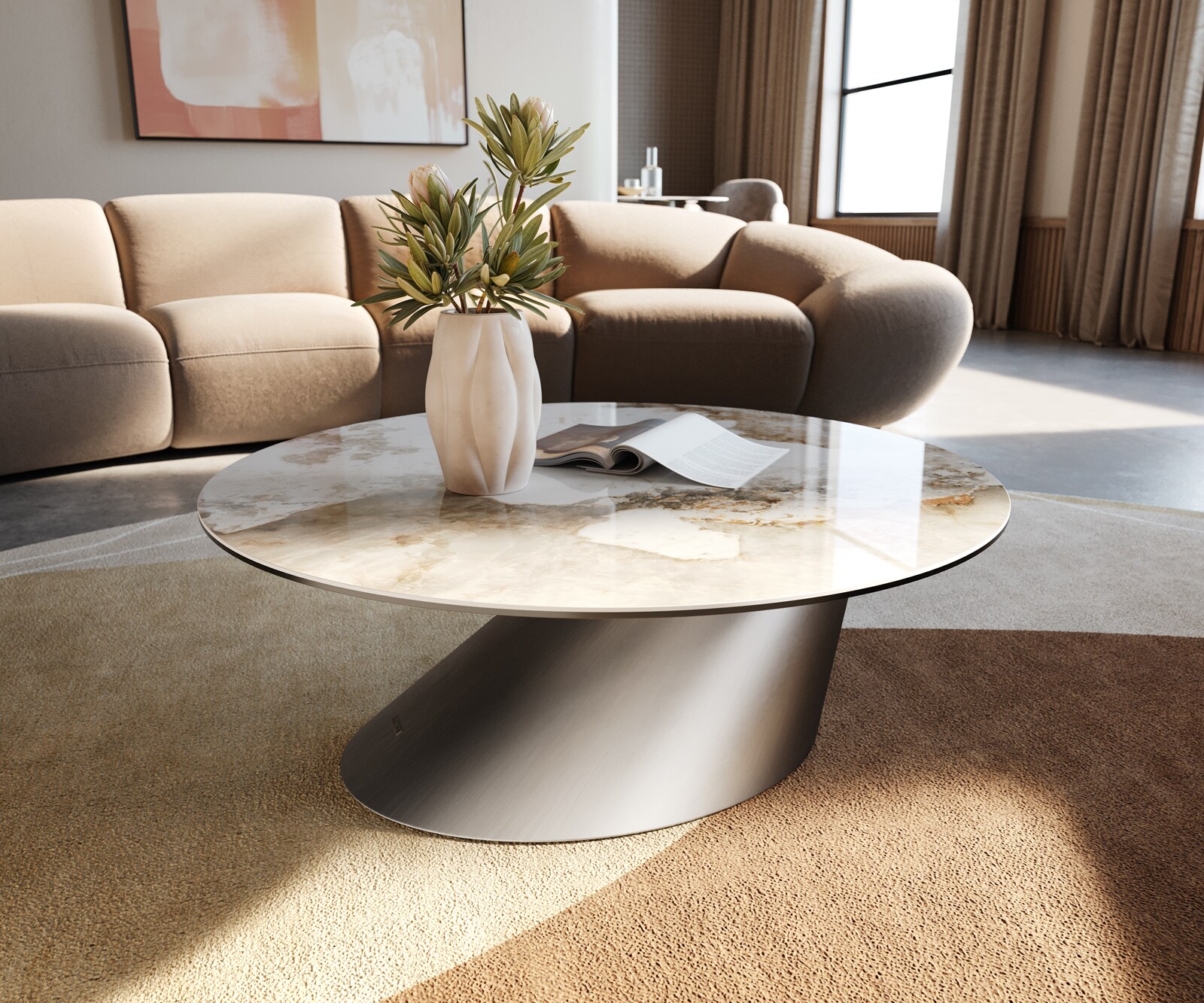 Table basse Edge rond 90x90 cm céramique Minas Melange Conis acier inoxydable brossé 1
