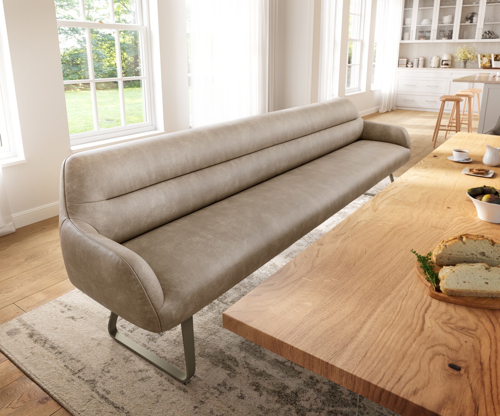 Banc-de-salle-à-manger Taya-Flex 300 cm microfibre beige vintage châssis à patins plat titane ressort ensaché 1