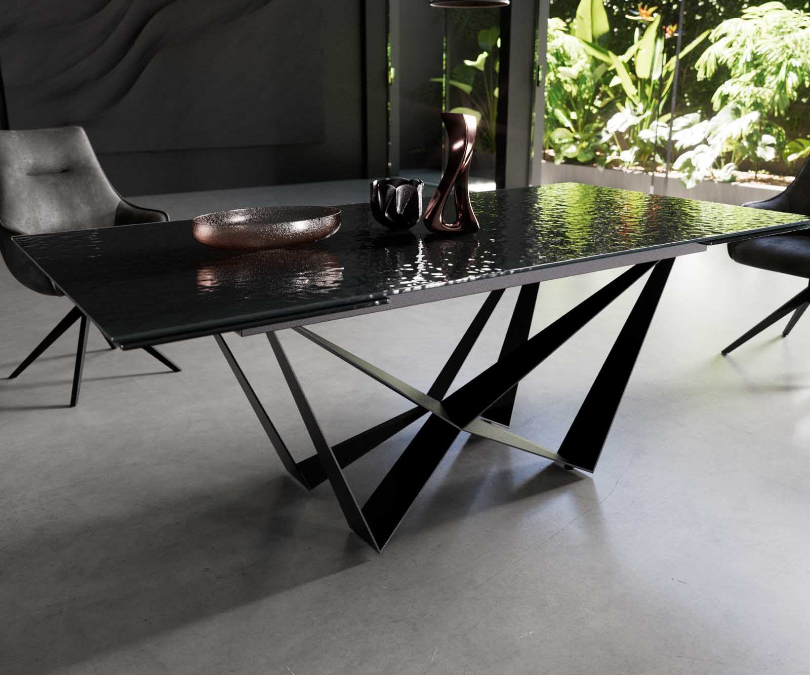 Esstisch Edge 200-300x100 Reliefglas Rauchschwarz 3D-Design Spider Flachstahl Schwarz ausziehbar 5