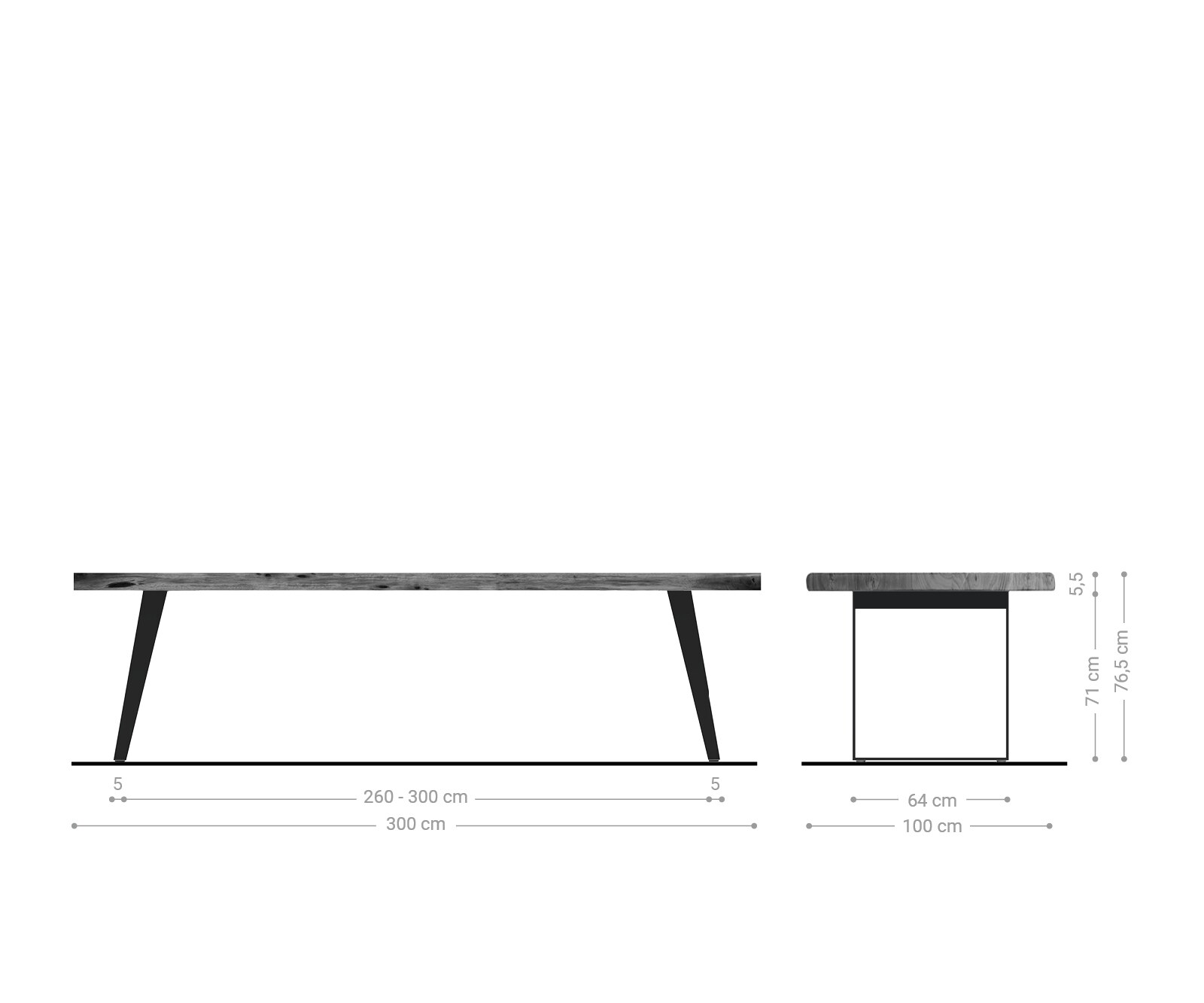 Table-à-manger Edge 300x100cm XL acacia marron acier inoxydable argent incliné Live-Edge 6