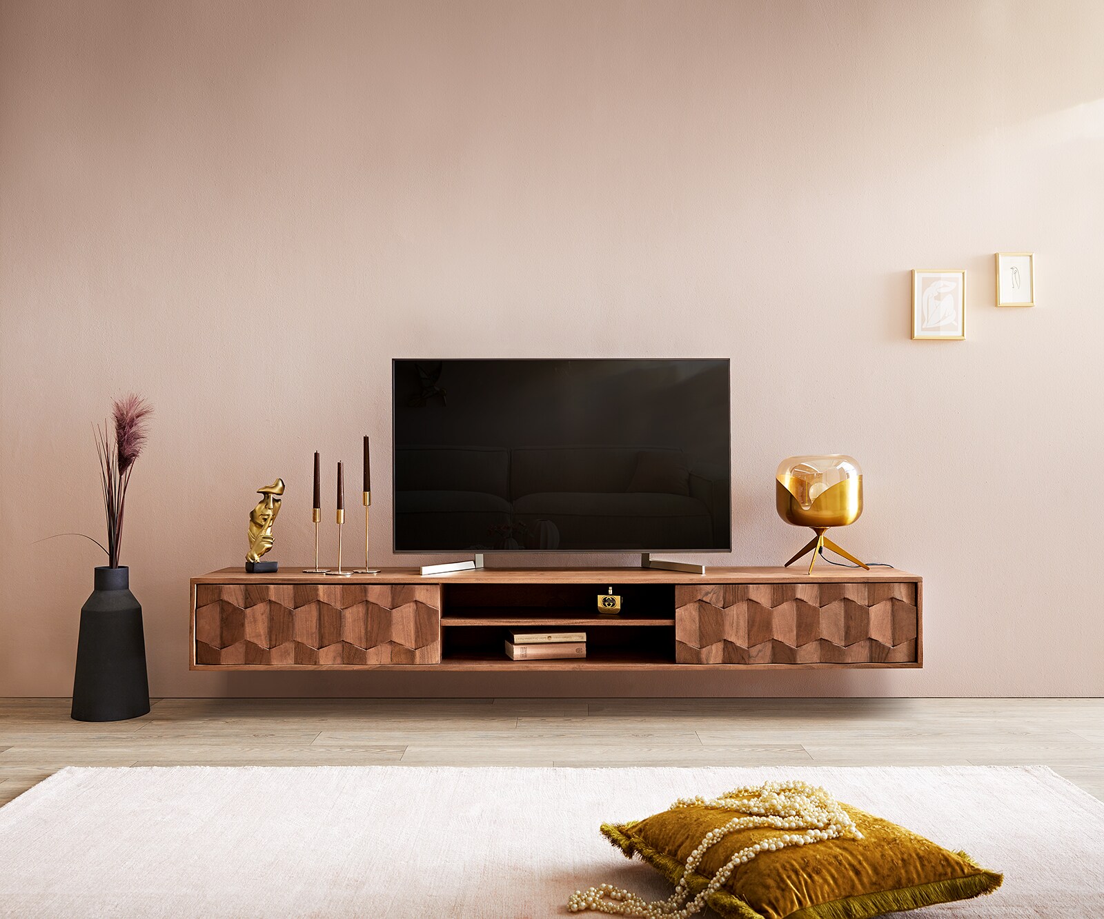 Buffet bas Fevo 200 cm acacia marron 2 portes flottant 1